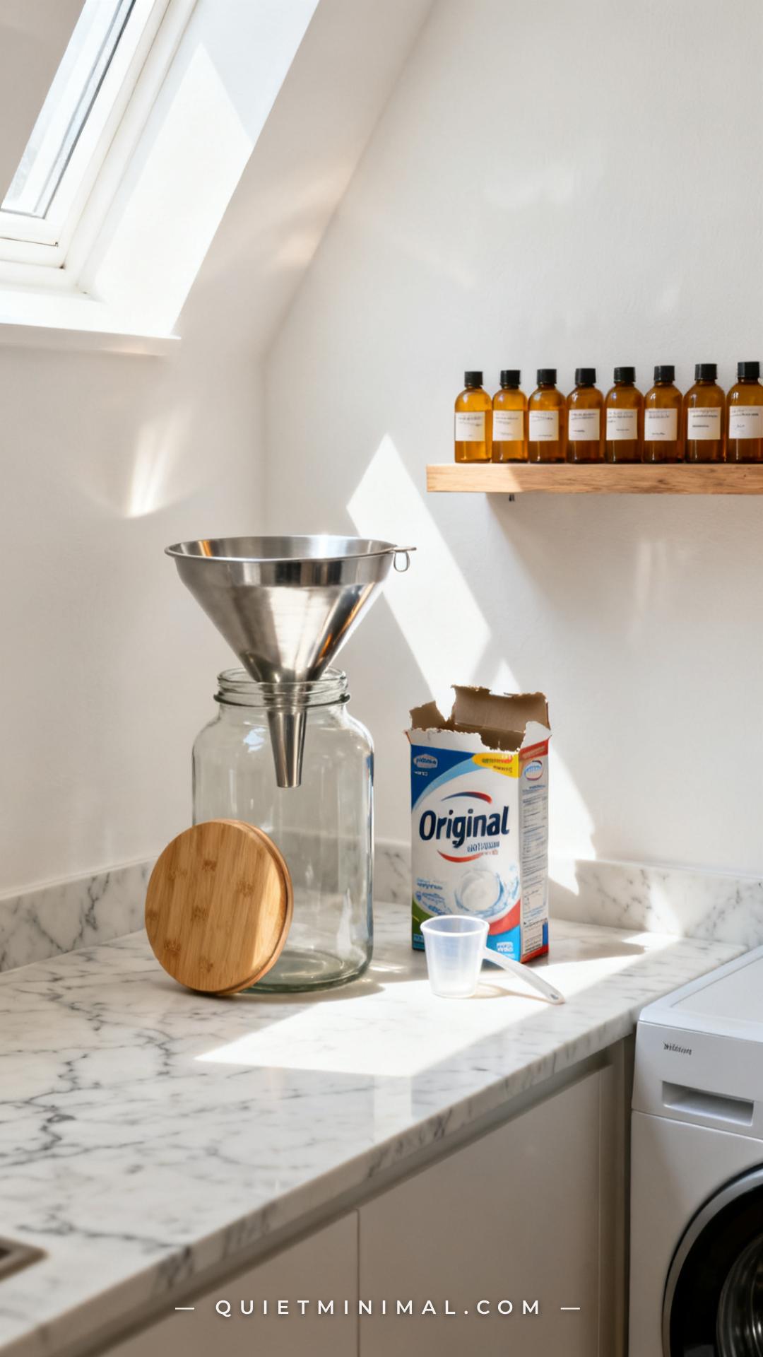 A vertical medium-wide photograph of a laundry room countertop showing the act-of-organizing scene: a wide-mouth glass c