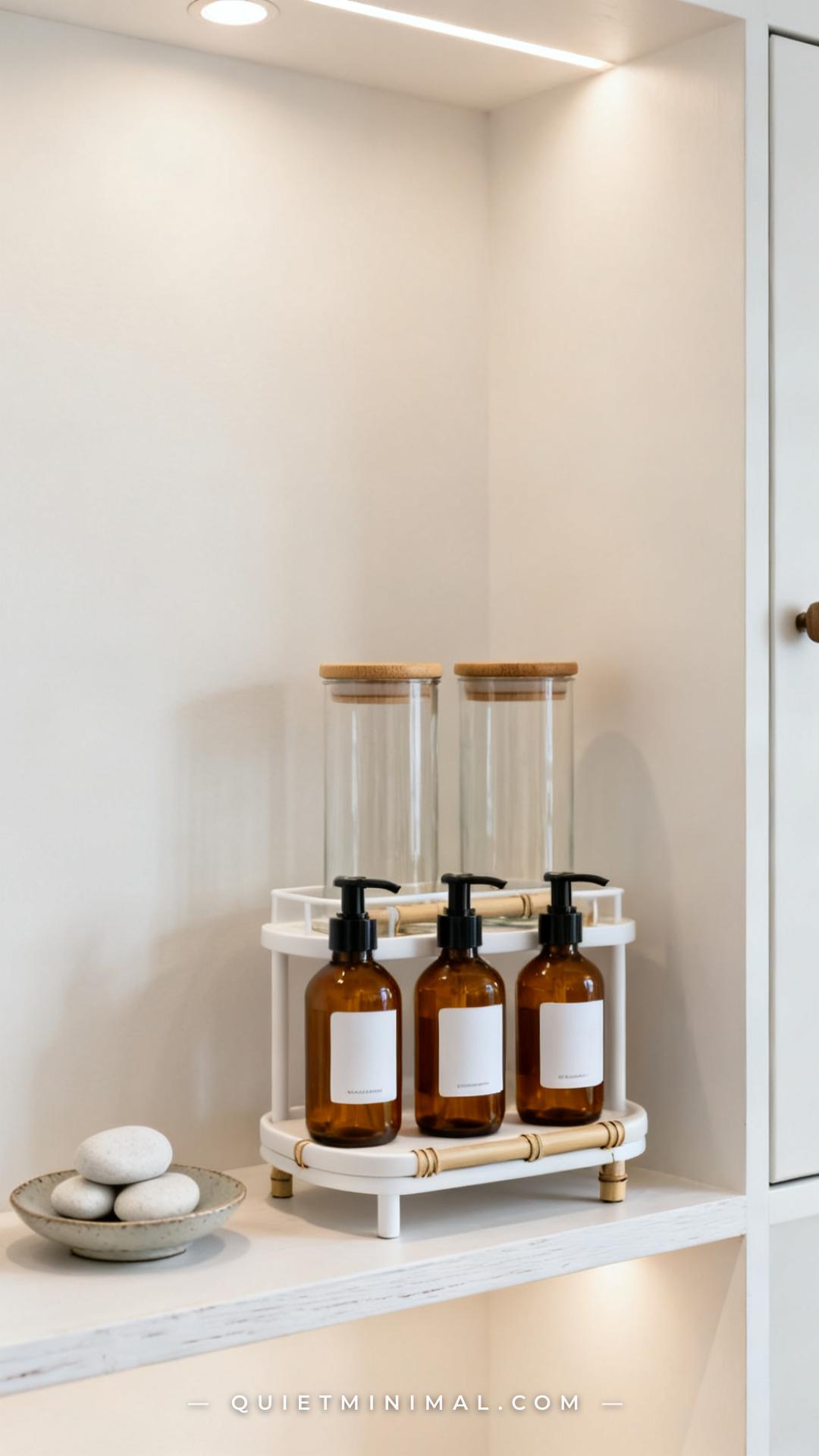 A wide-angle vertical photograph of a laundry room built-in shelving unit showing two tiers of glass containers organize