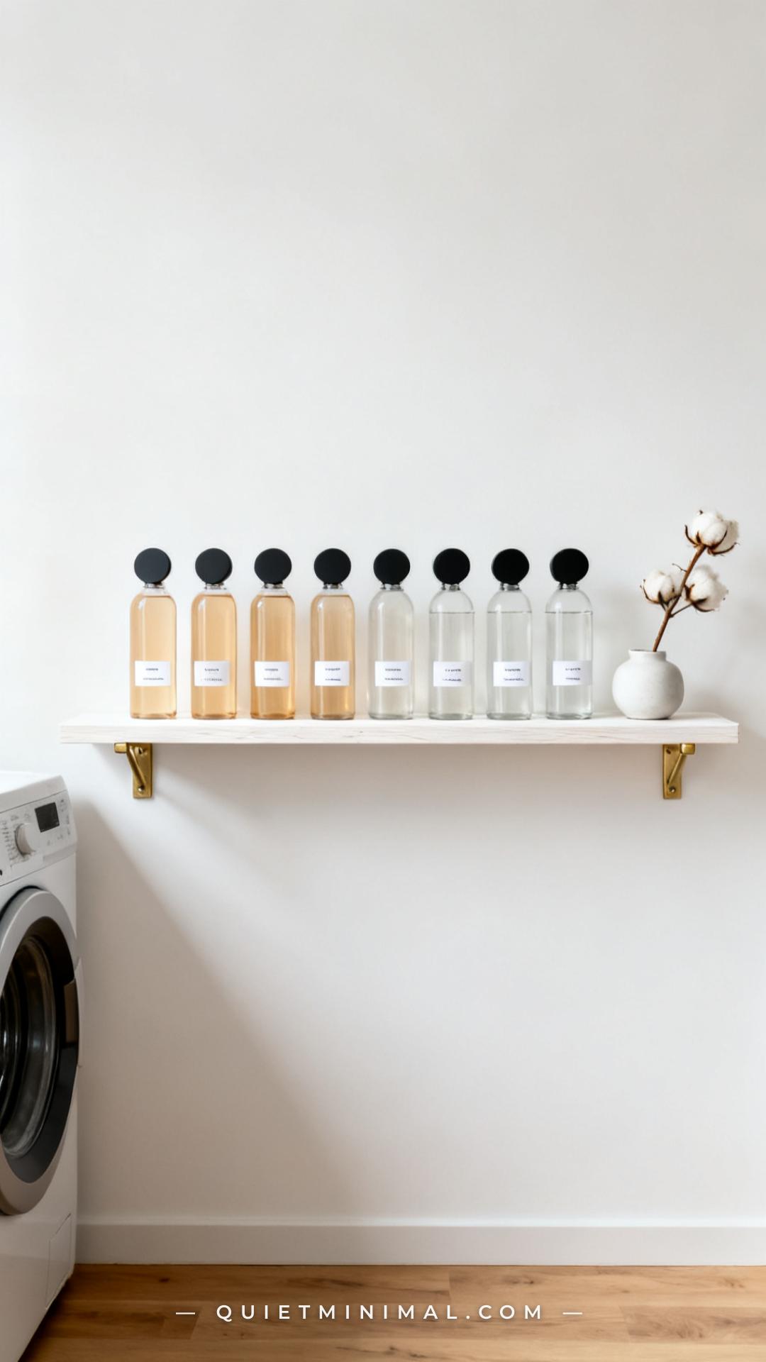 A vertical medium-wide photograph of a narrow floating shelf on a laundry room wall