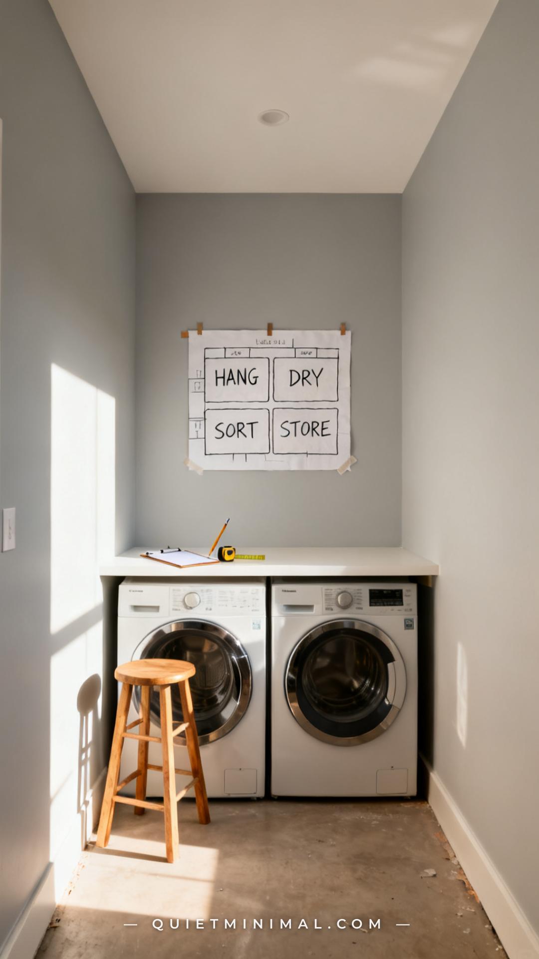 A vertical photograph captures the full width of a laundry room in the planning phase