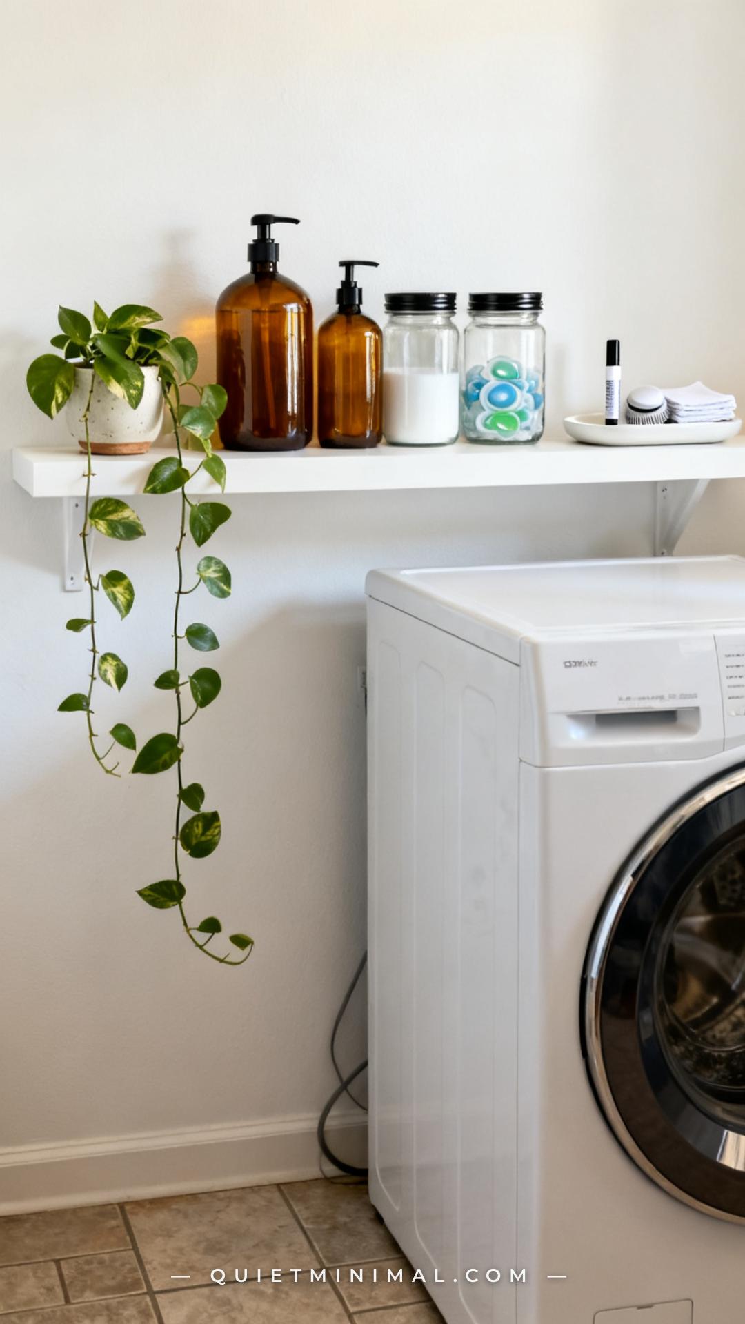A wide vertical photograph establishes a laundry room supply shelf