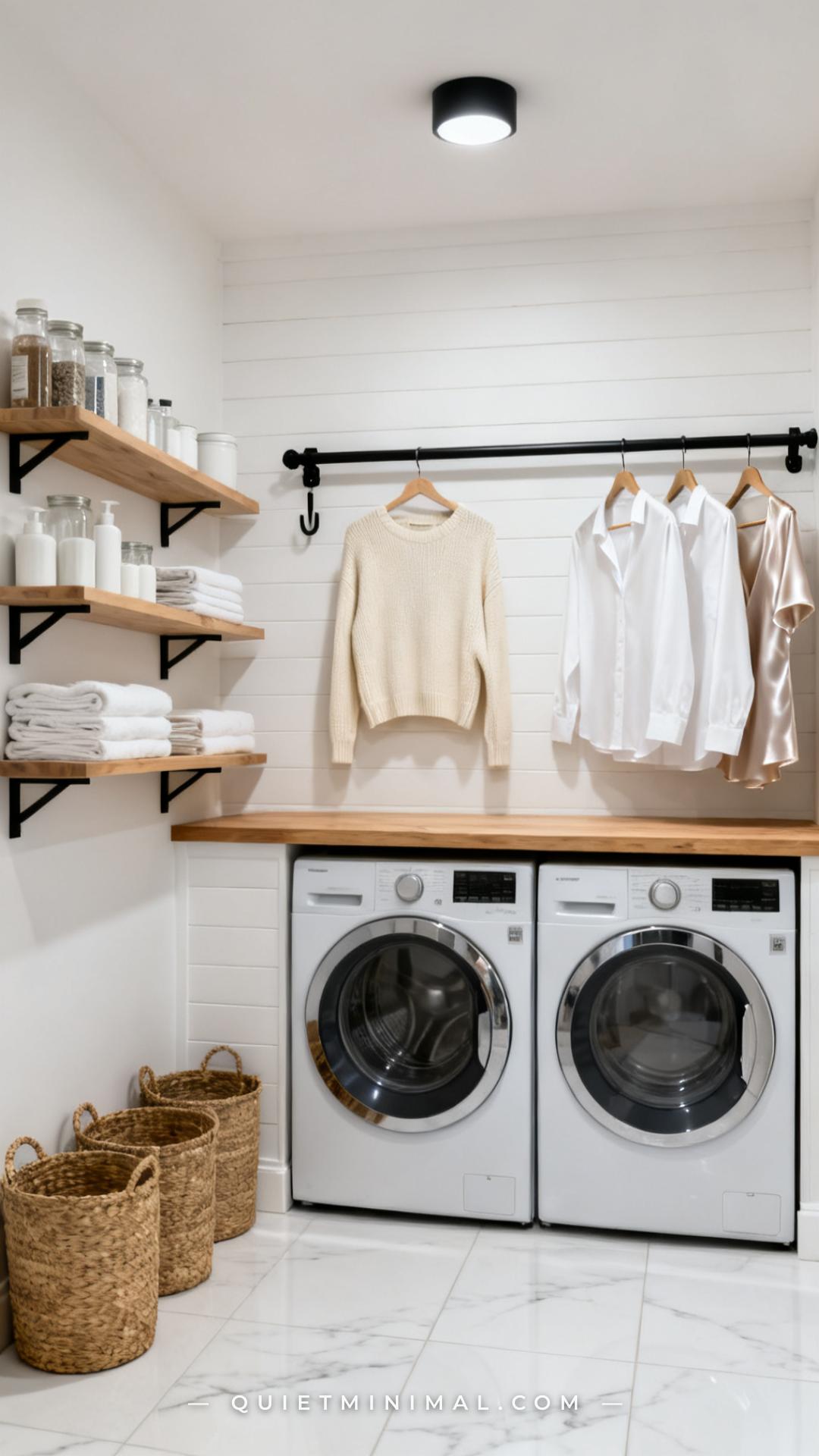 A wide establishing shot from the laundry room doorway captures the entire space in one frame — showing all four functio
