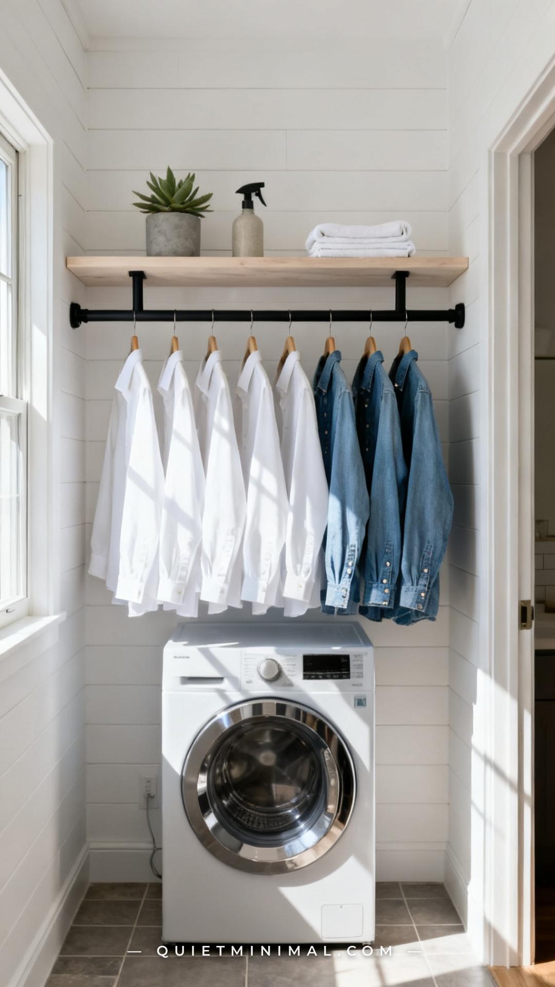 A medium-wide vertical photograph of a laundry room hang zone