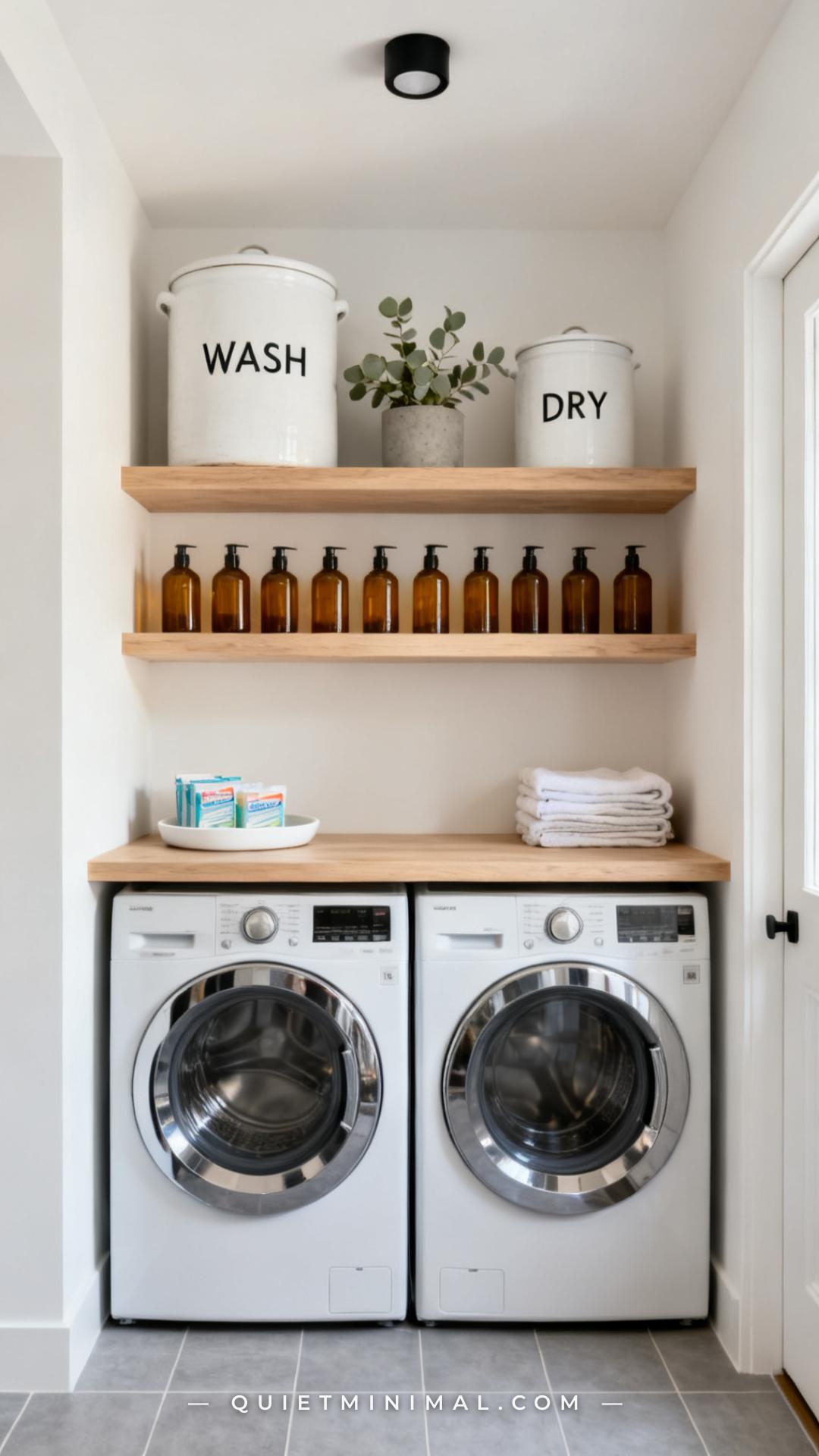 A wide-angle vertical photograph establishes the full shelving wall of a clean