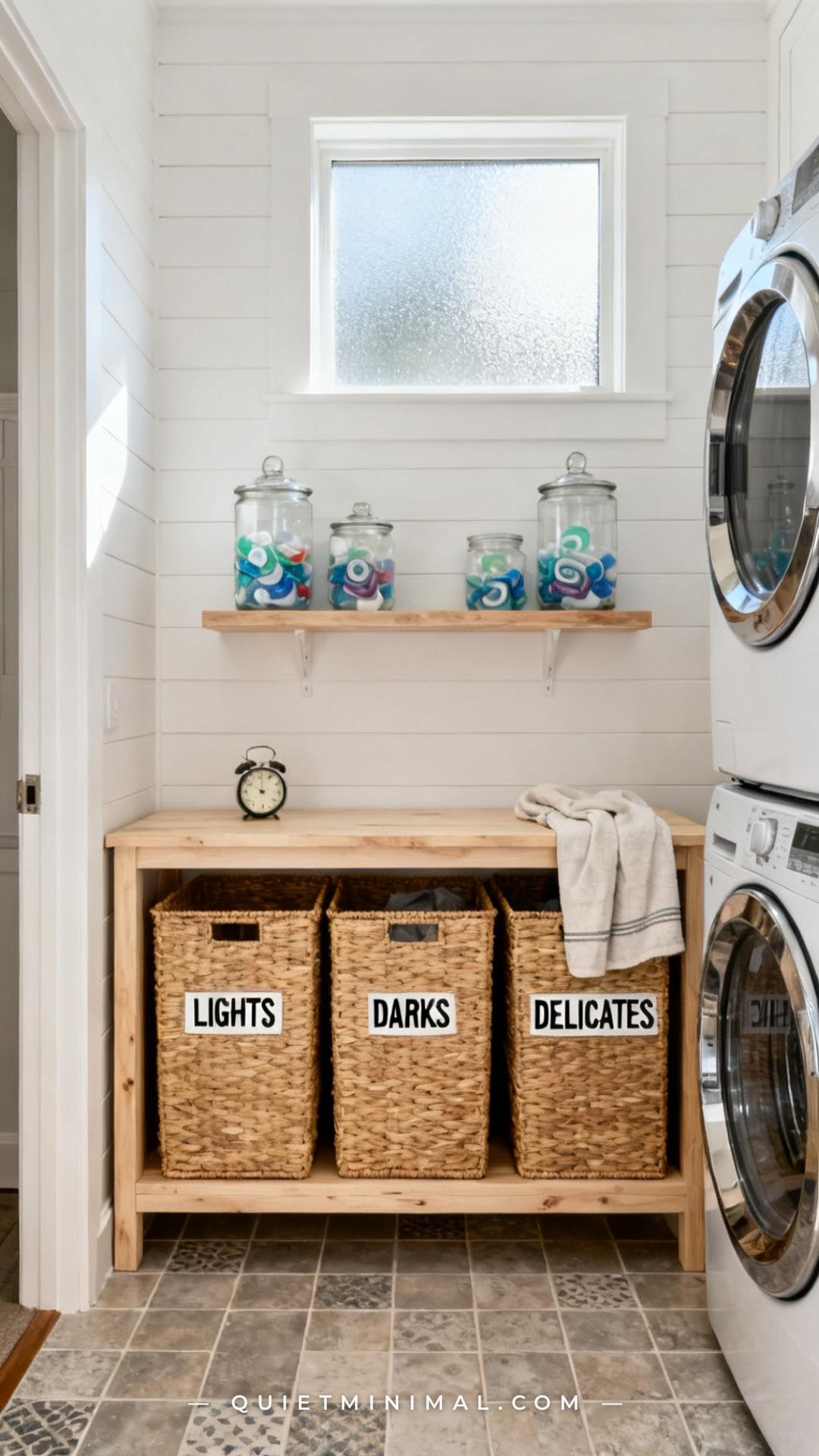 A vertical photograph shows the full sorting station area of a well-organized laundry room