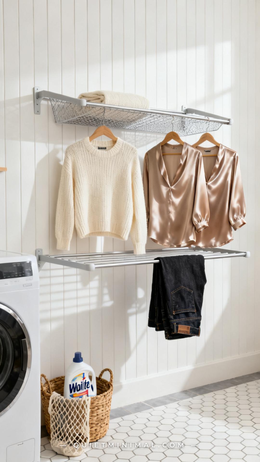 A wide establishing shot of a laundry room side wall where a wall-mounted fold-flat drying rack is shown in its open pos