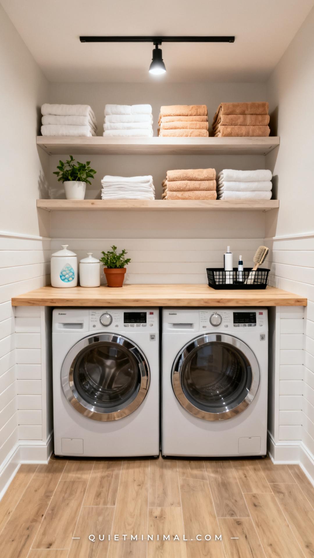 A vertical medium-wide photograph captures the full wall above a side-by-side washer and dryer in a clean laundry room