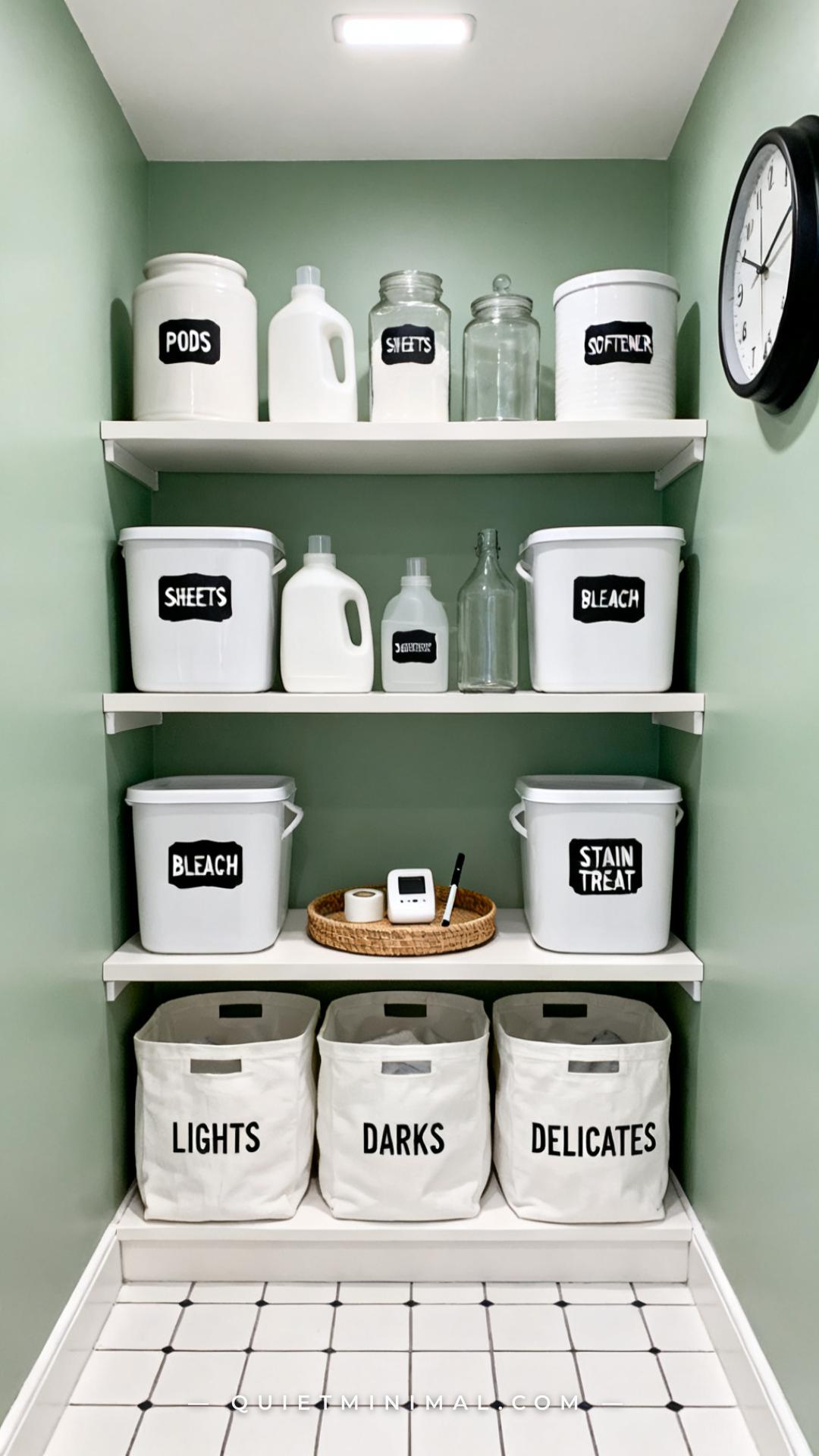 A vertical photograph establishes the full interior of a laundry room storage shelf system
