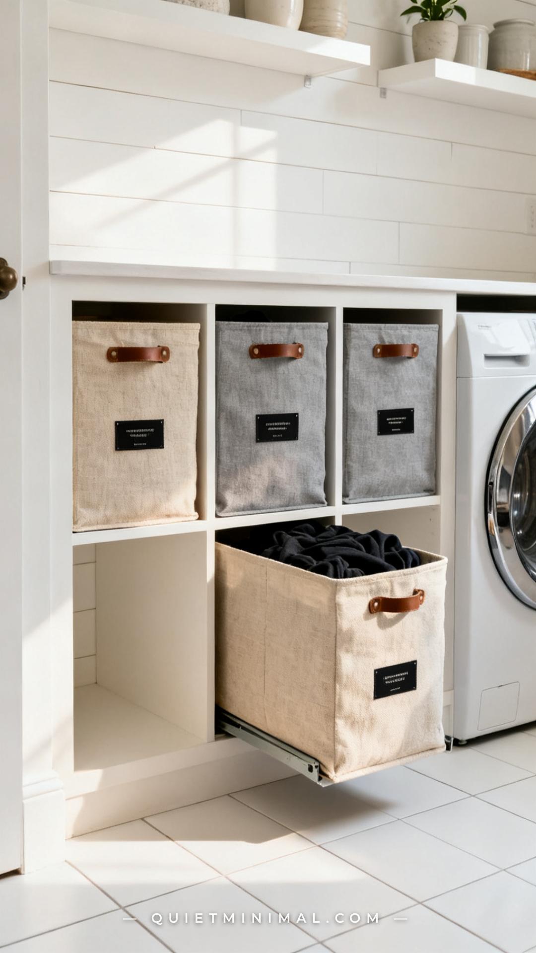 A wide vertical photograph shows a lower shelving section of a laundry room from floor to mid-wall
