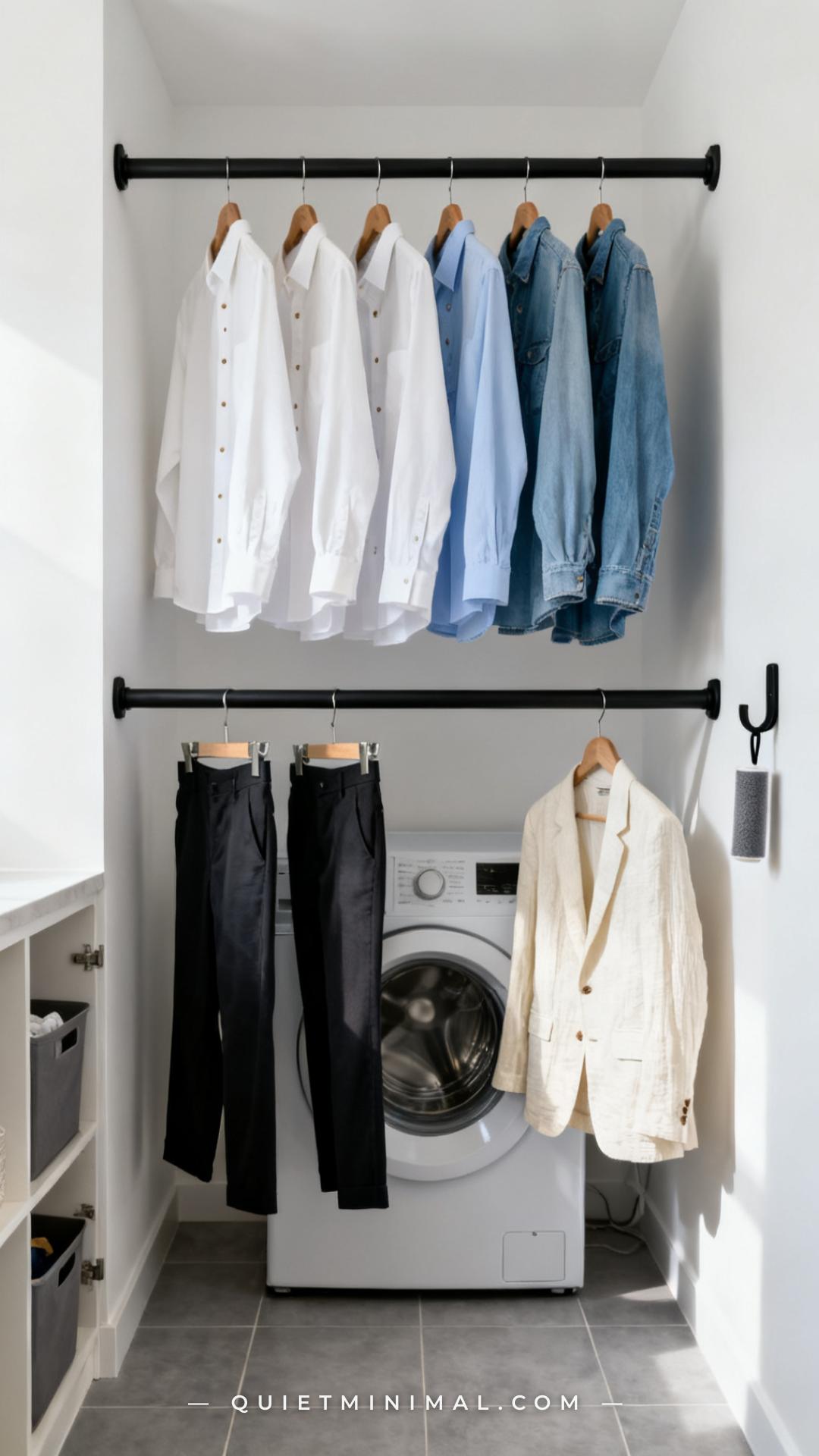 A medium-wide establishing shot captures the full hang zone of a well-used laundry room