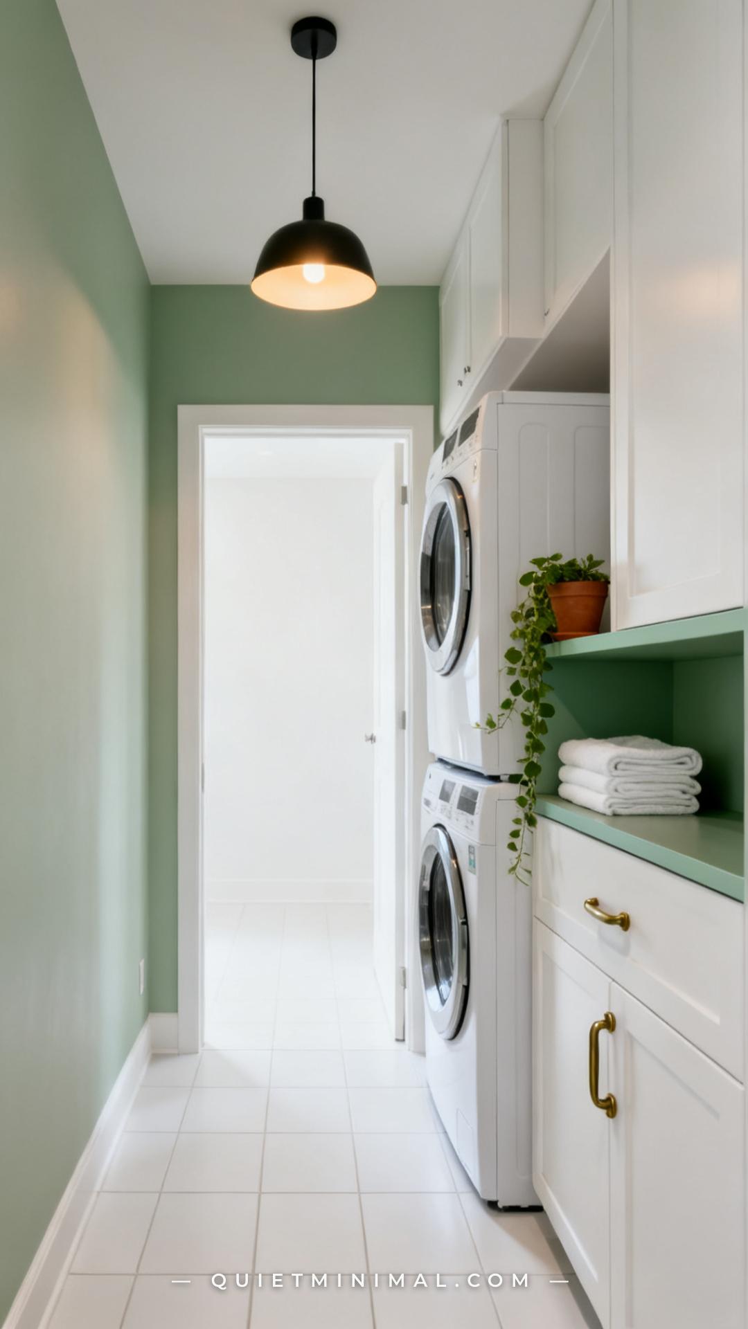 A wide-angle view of a compact laundry room freshly painted in a soft sage green