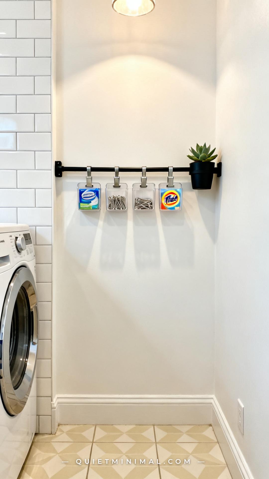 A medium-wide photograph showing the full narrow wall space between a washer and the adjacent laundry room wall