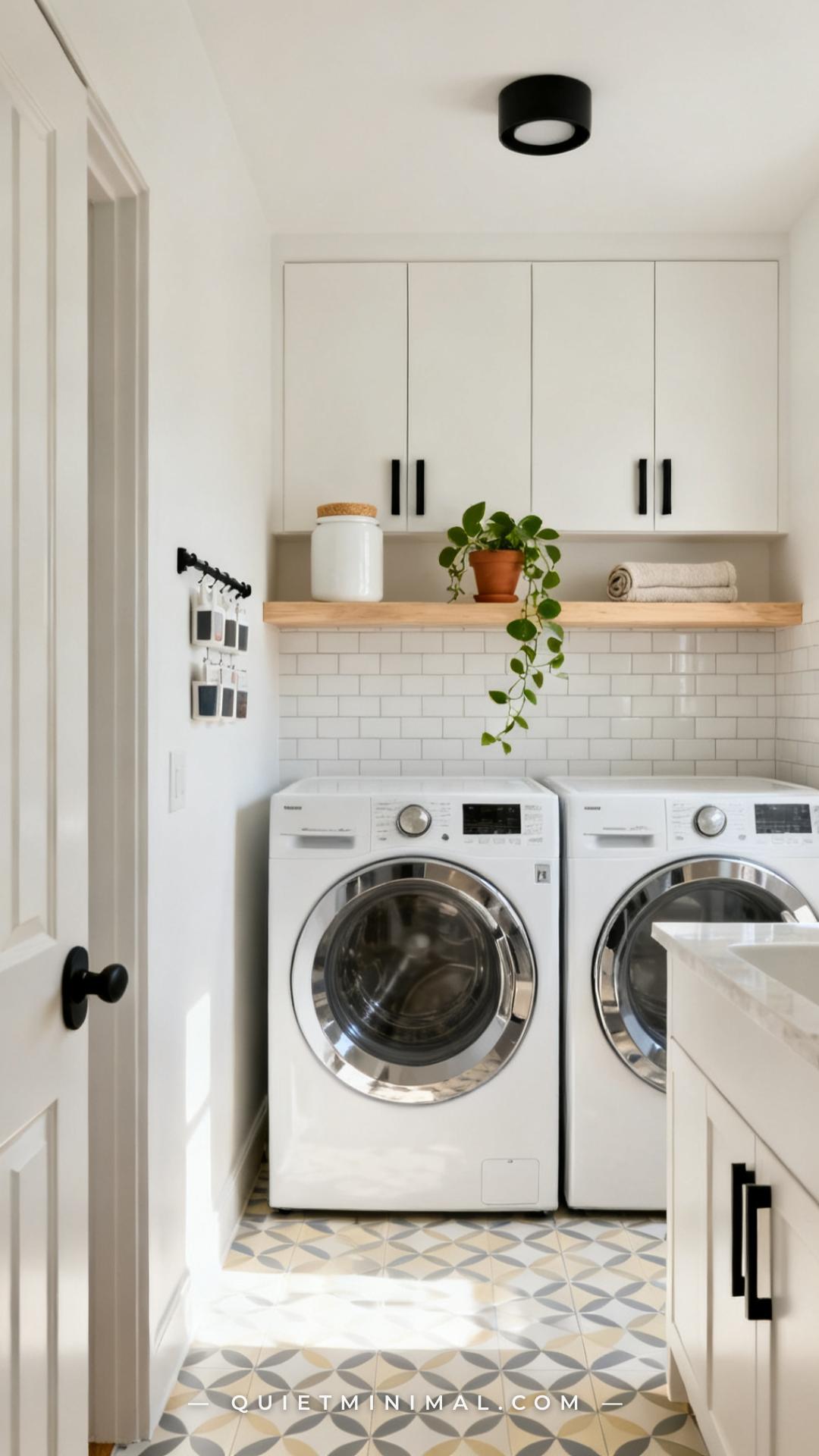 A wide vertical photograph showing the complete finished laundry room from the doorway