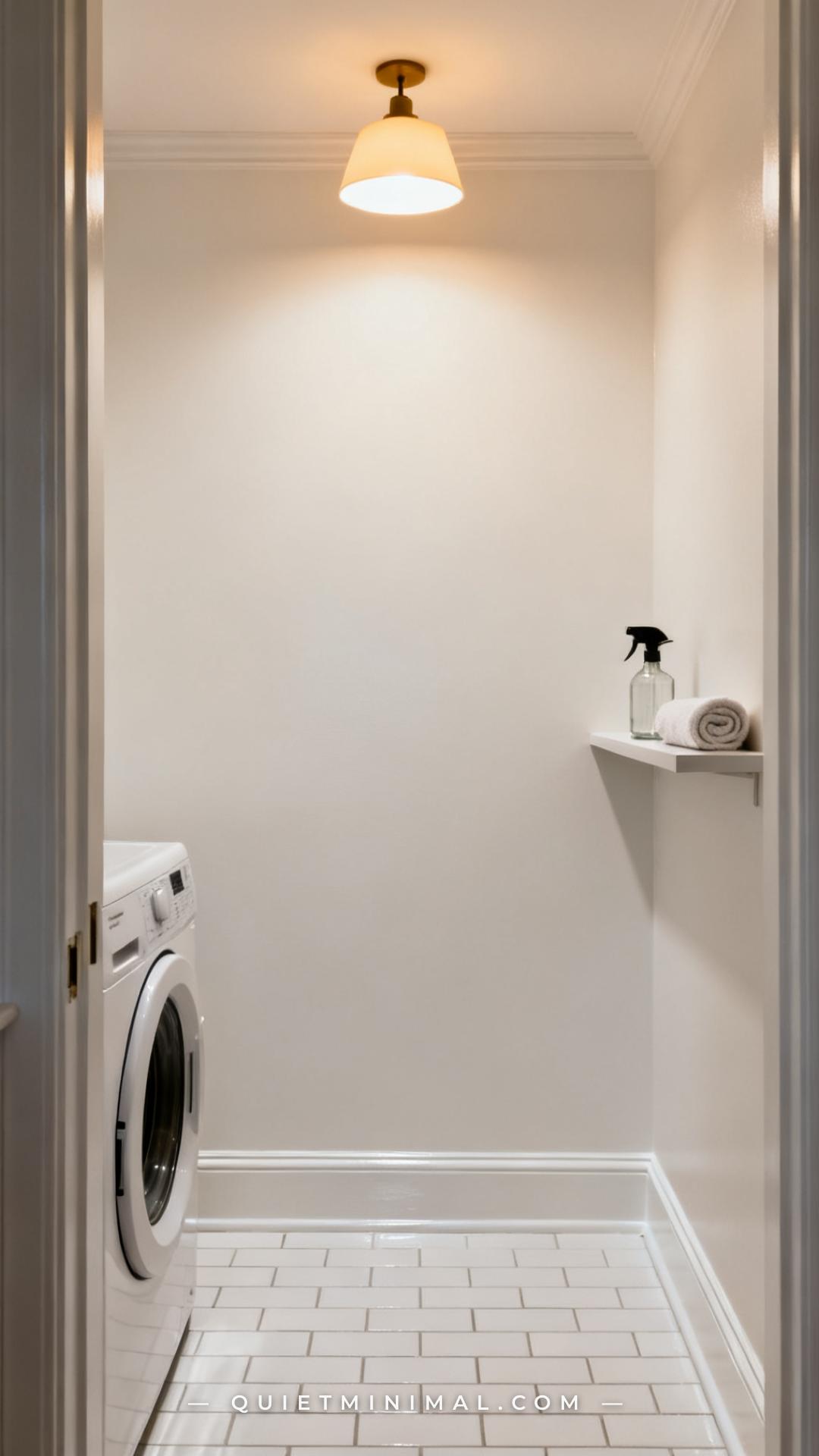 A medium-wide photograph of a laundry room wall painted in a soft warm white with a visible sheen