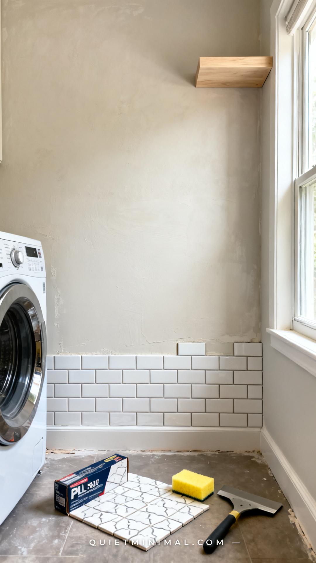 An establishing shot of a laundry room mid-renovation