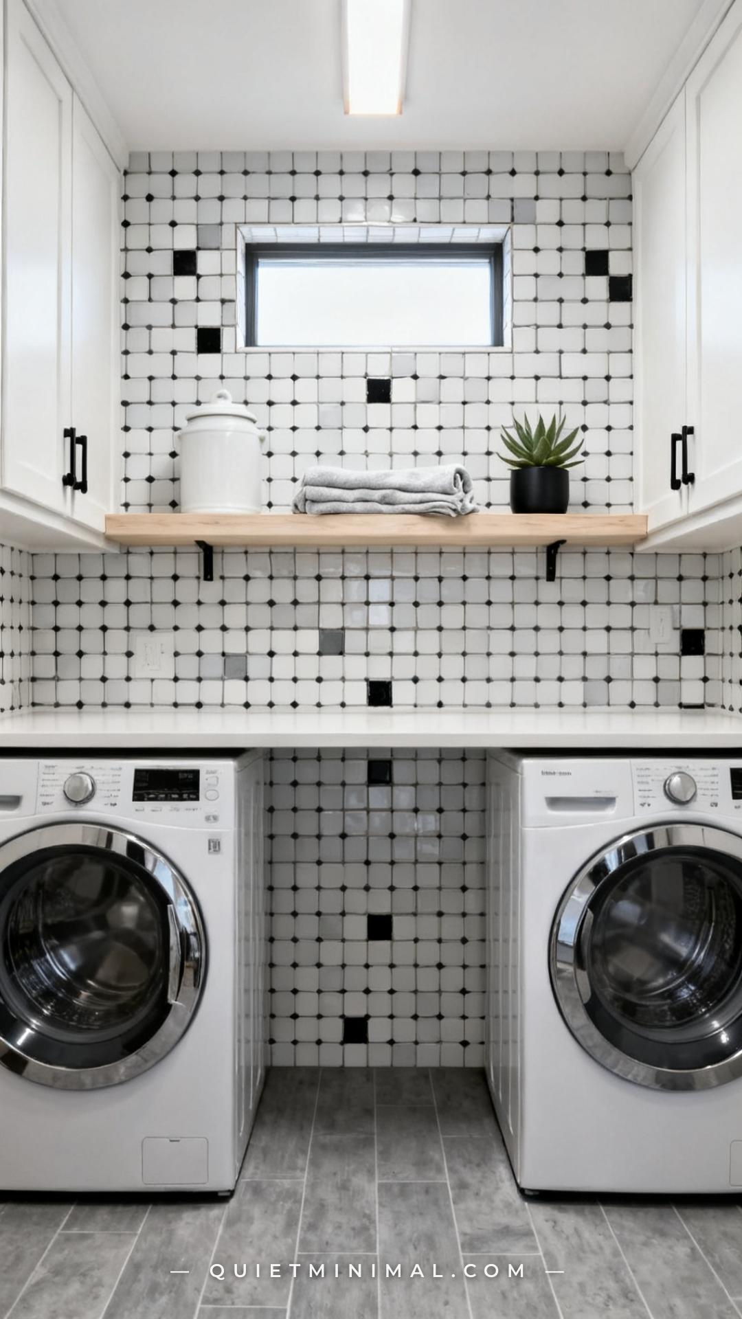A wide vertical photograph of a small laundry room showing a full backsplash wall tiled in a classic black-and-white enc