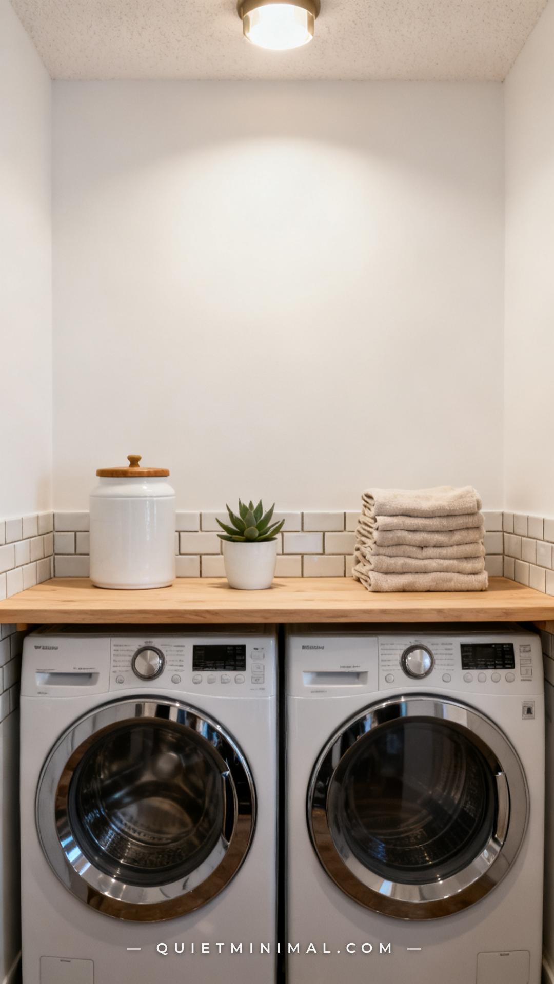 An establishing shot of a laundry room showing the full wall above a side-by-side washer and dryer pair