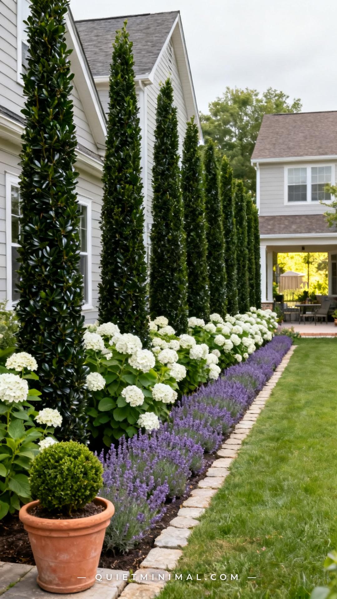 A vertical photograph establishes a narrow side-yard garden border between two suburban homes