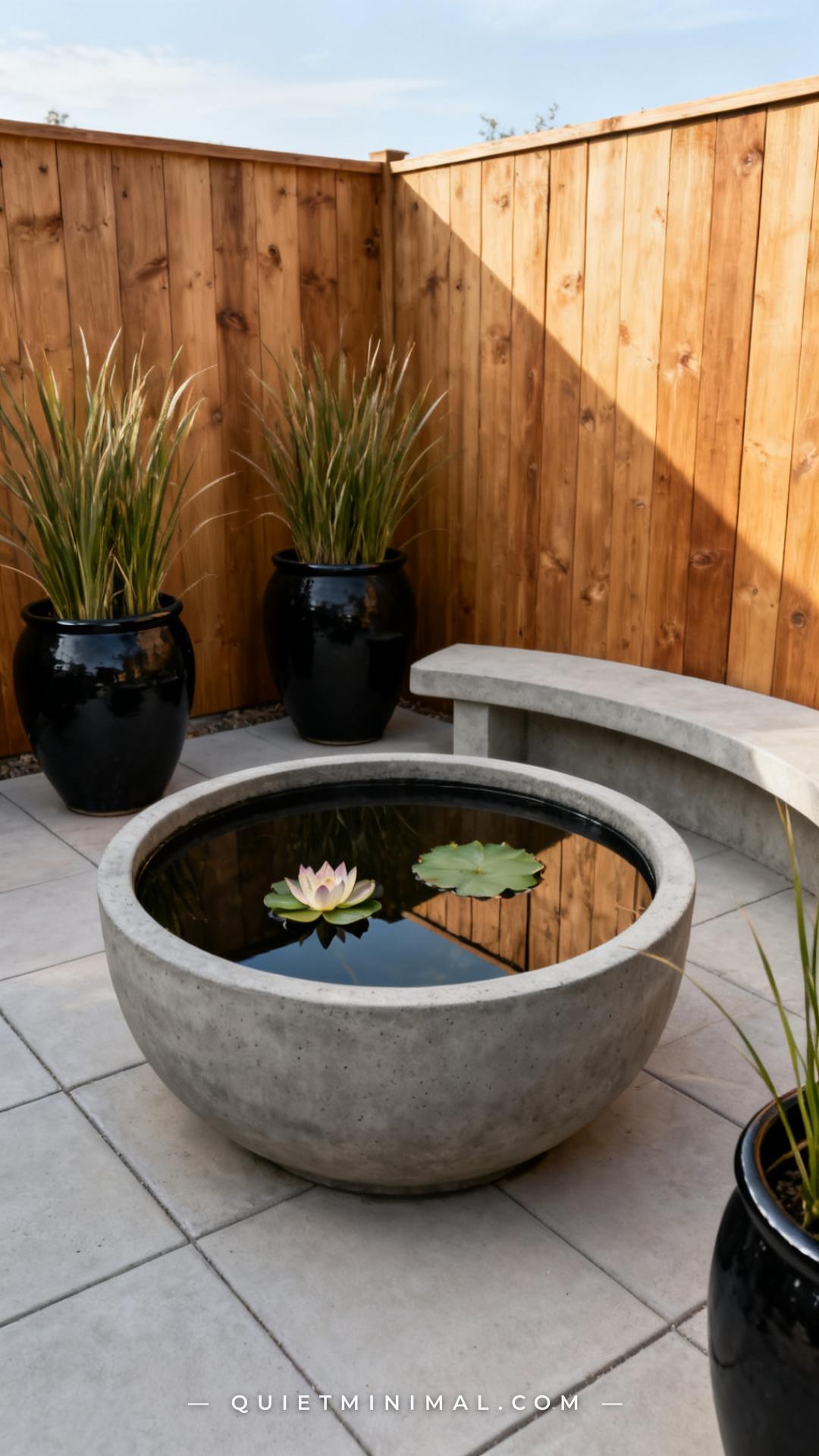A vertical wide photograph shows a minimalist backyard patio with a large circular concrete basin acting as a water gard