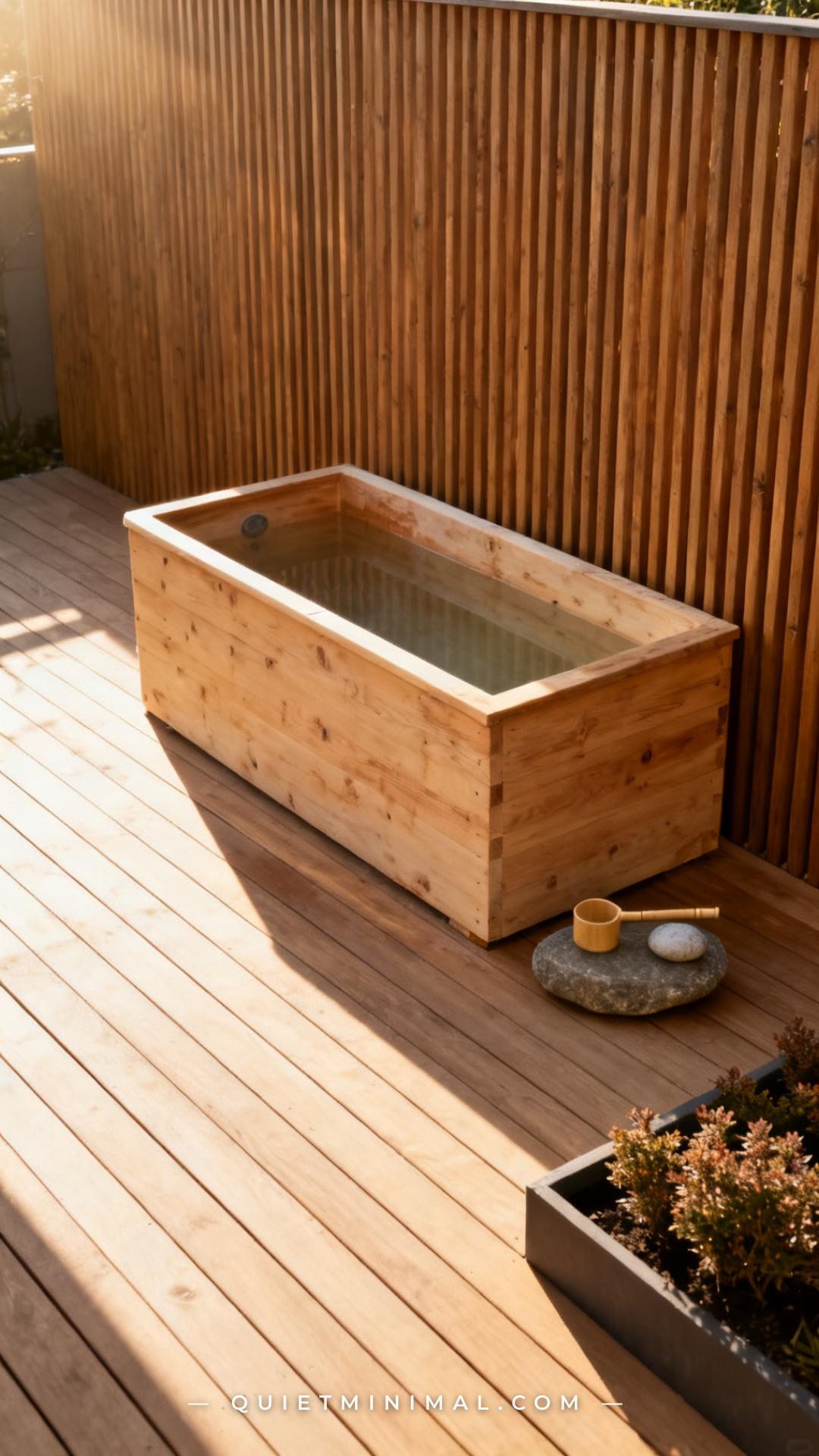 A vertical wide photograph shows a cedar ofuro soaking tub positioned on a minimalist backyard deck
