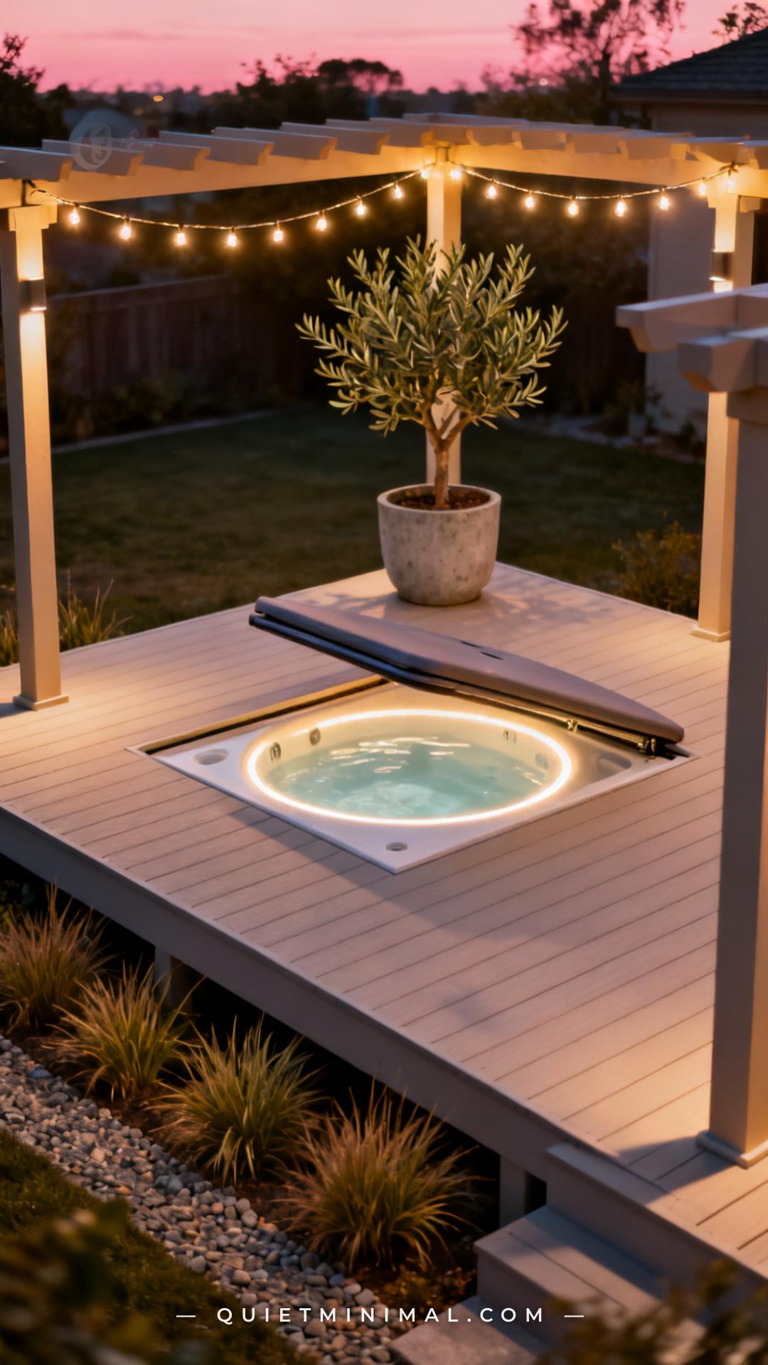 A wide vertical photograph captures an elevated backyard deck at dusk