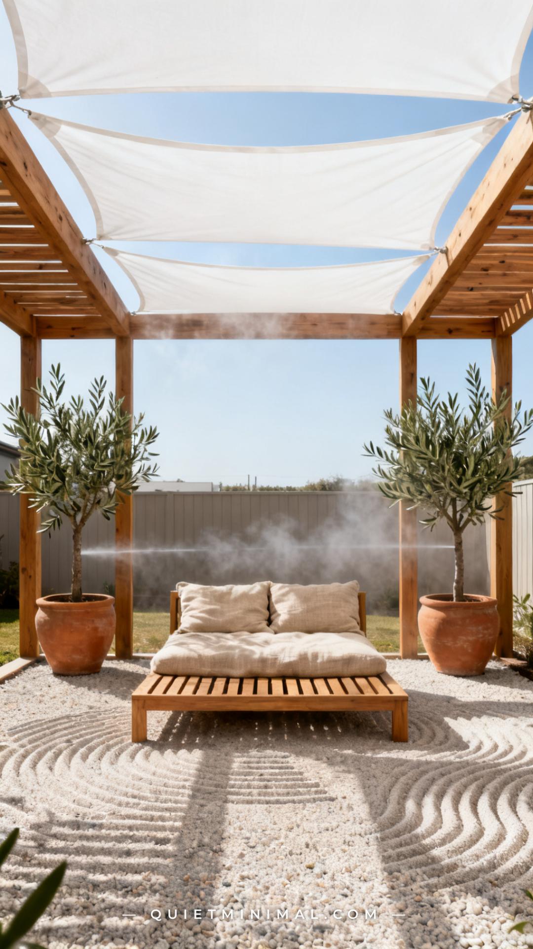 A wide vertical photograph captures a minimalist backyard "cool zone" — a defined gravel area under a cedar pergola with