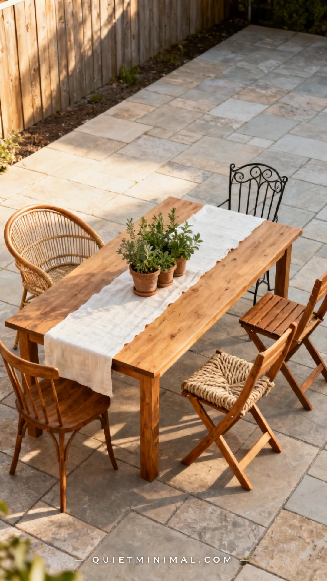 A wide-angle view of a rectangular outdoor dining table on a stone-tile patio