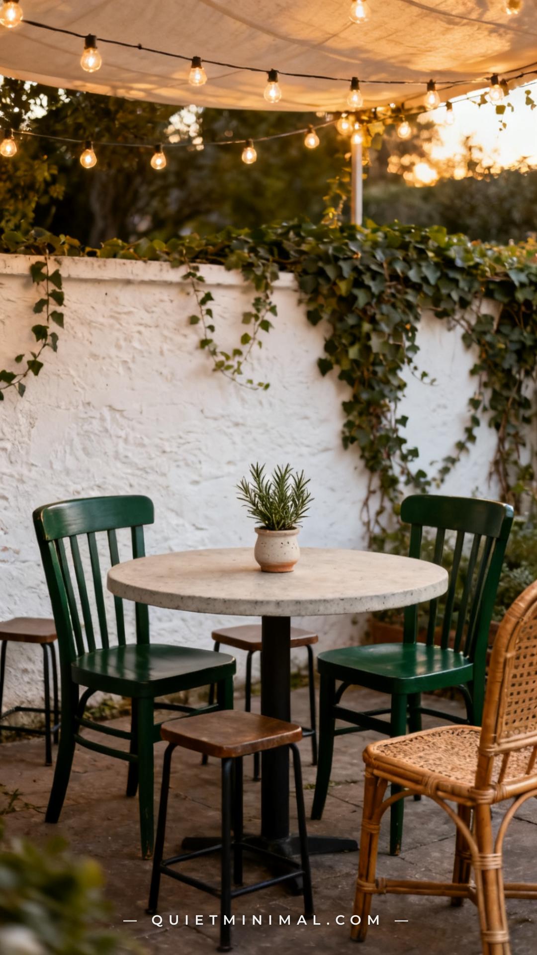 A medium-wide composition showing a round bistro-style outdoor table with mixed seating — two matching wooden armchairs