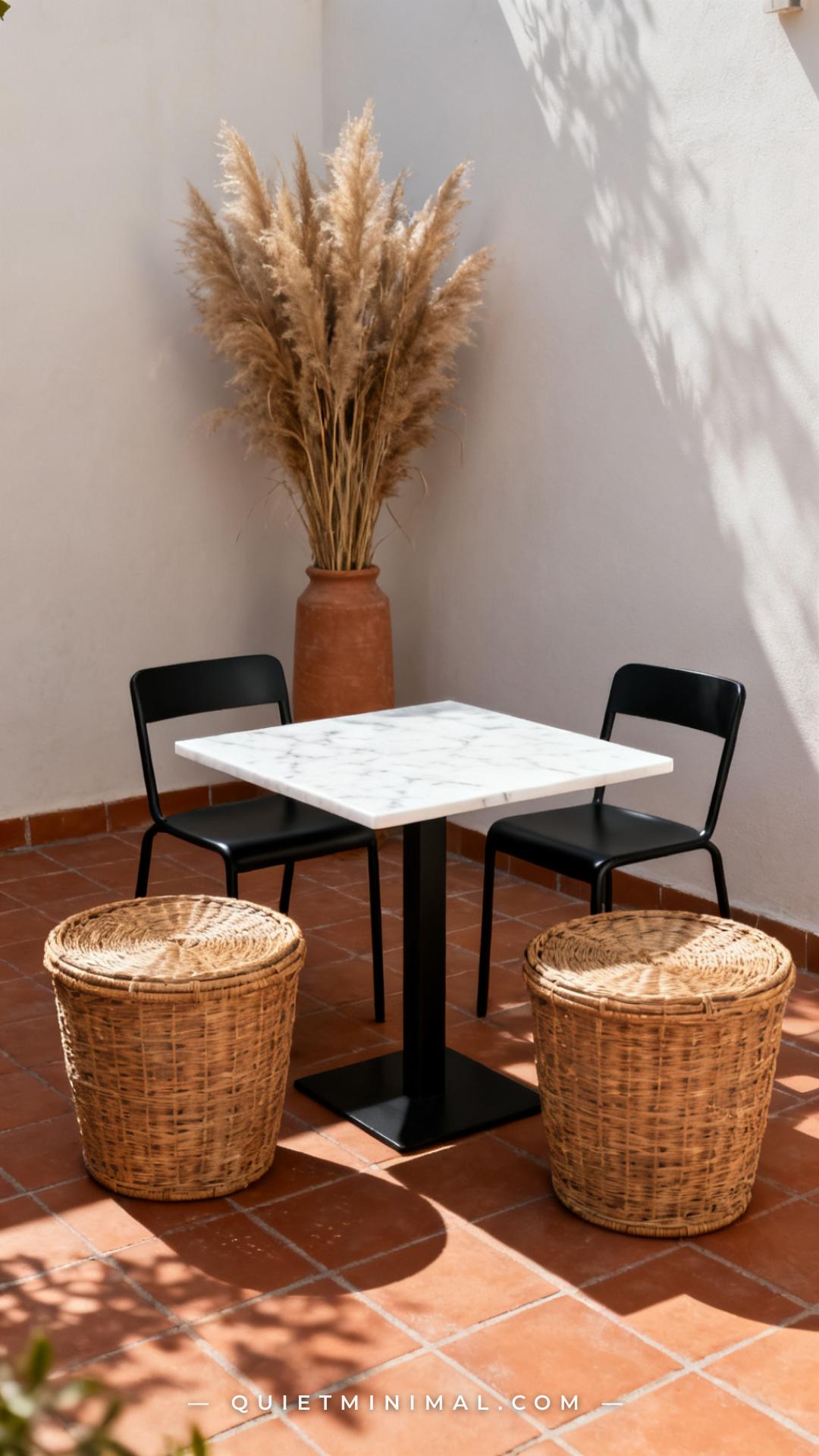 An establishing shot of a small square outdoor dining table on a terracotta-tiled patio