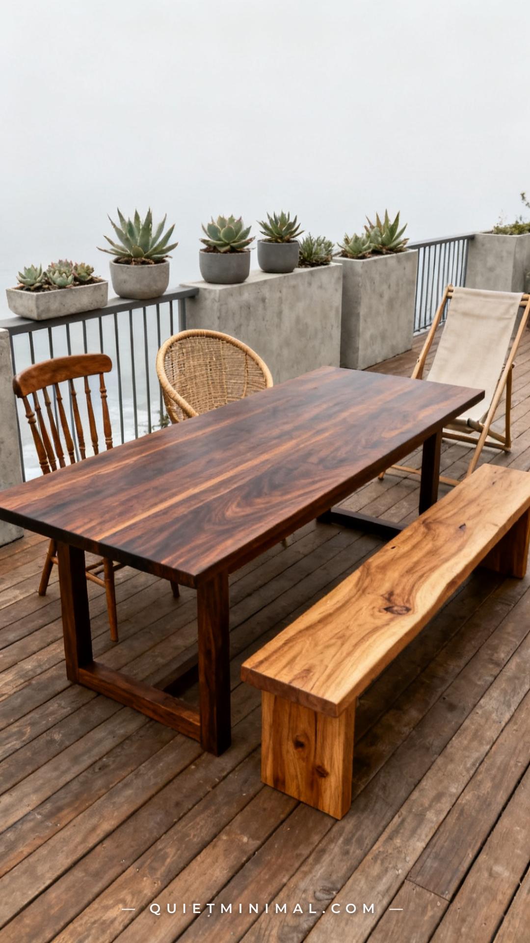 A vertical photograph captures the full length of a long rectangular outdoor dining table on a wooden deck
