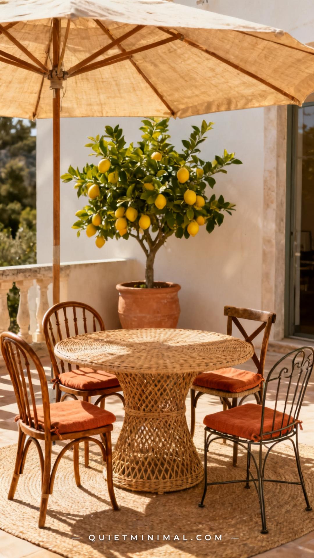 A wide-angle view of a round outdoor dining table on a shaded patio with four visibly different chair frames — a bentwoo
