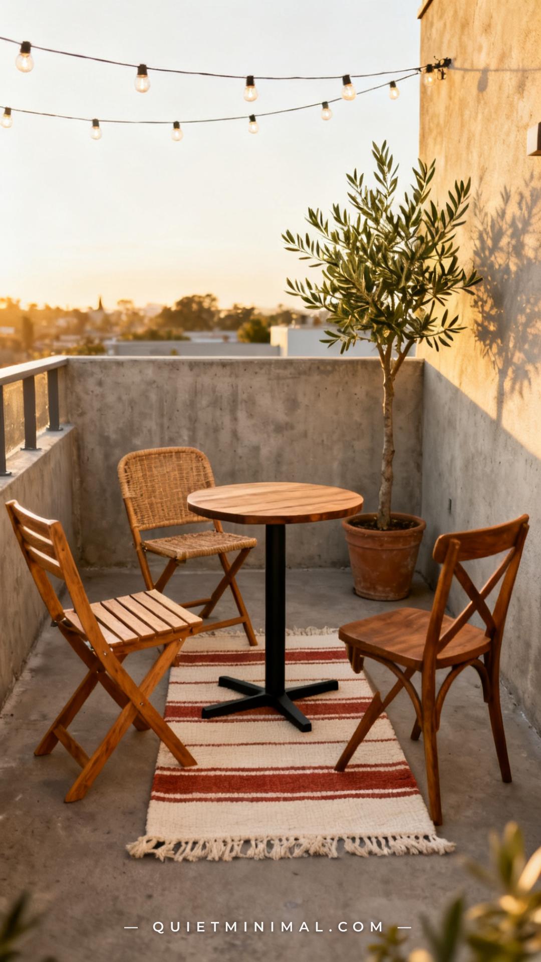 An establishing shot of a casual outdoor dining setup on a small concrete balcony