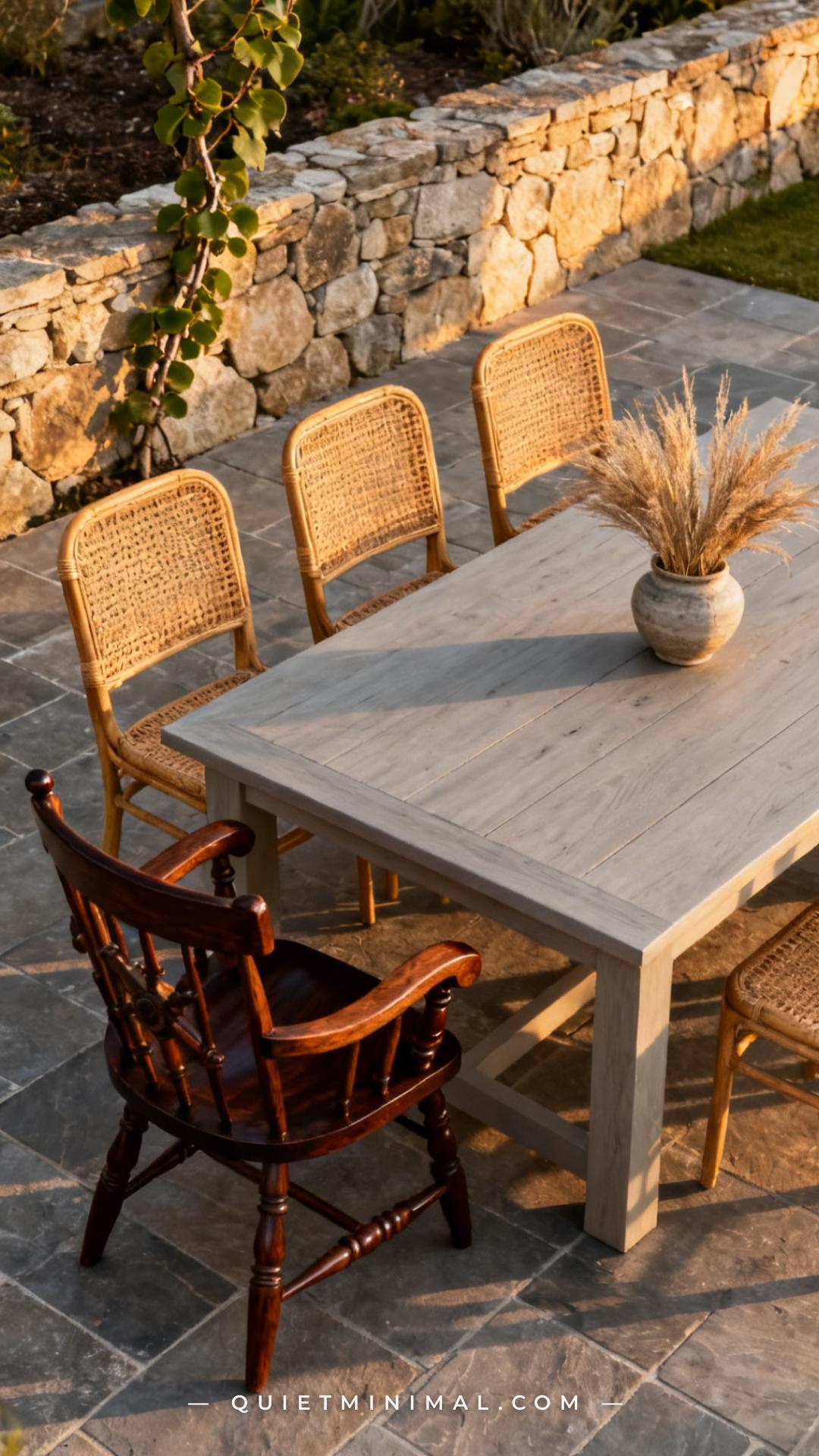 A vertical photograph captures a rectangular outdoor dining table set for five on a slate patio