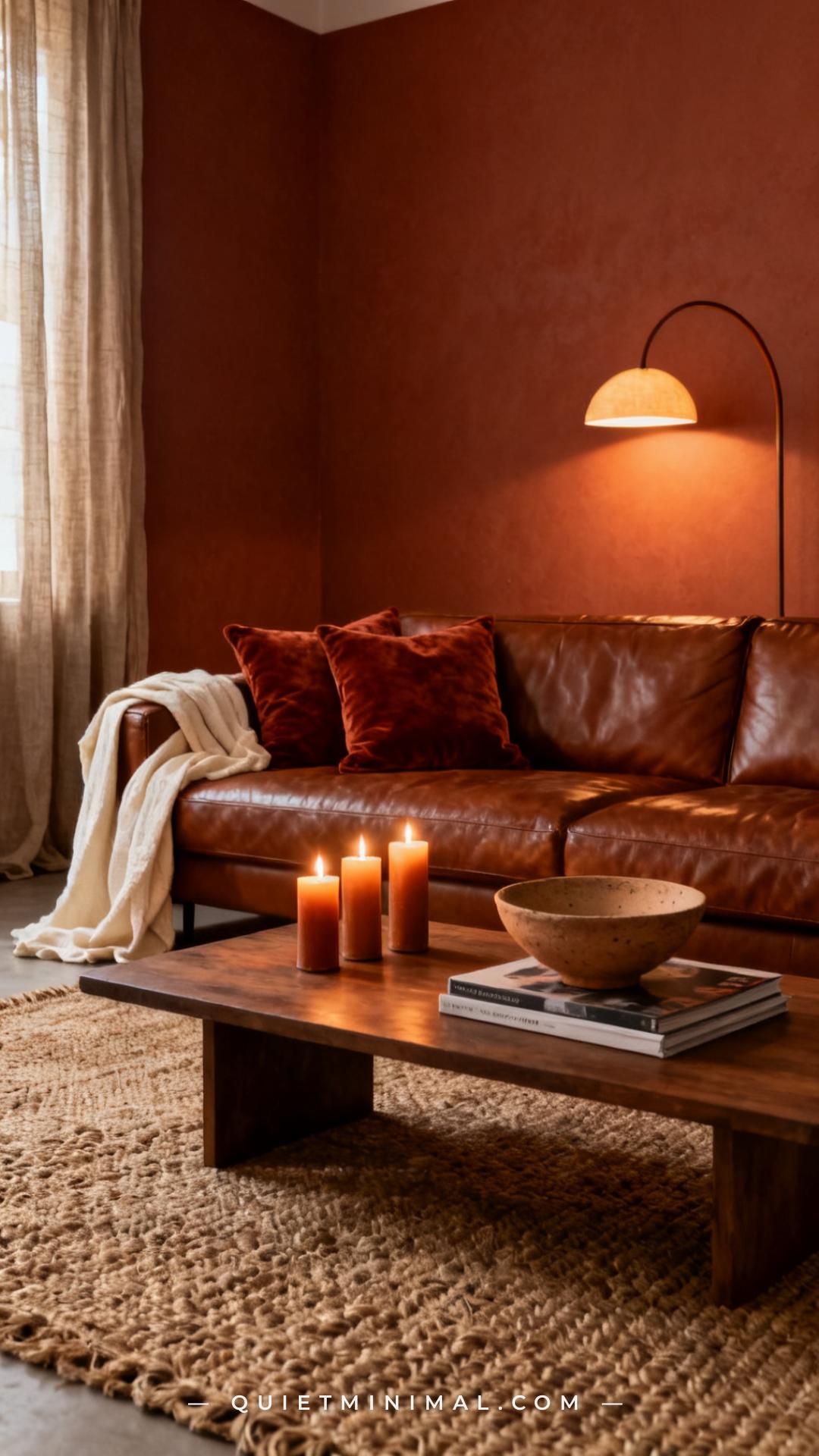 15 Moody Living Room Ideas with a Leather Sofa, Warm Earth Tones, and Candles