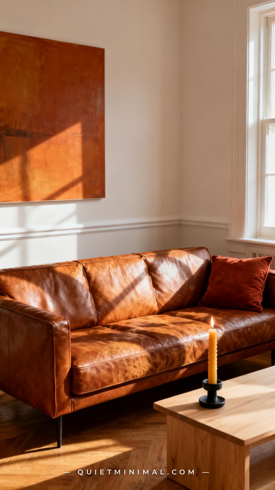 A medium-wide establishing shot of a living room showing a full cognac leather sofa centered against a warm white wall w