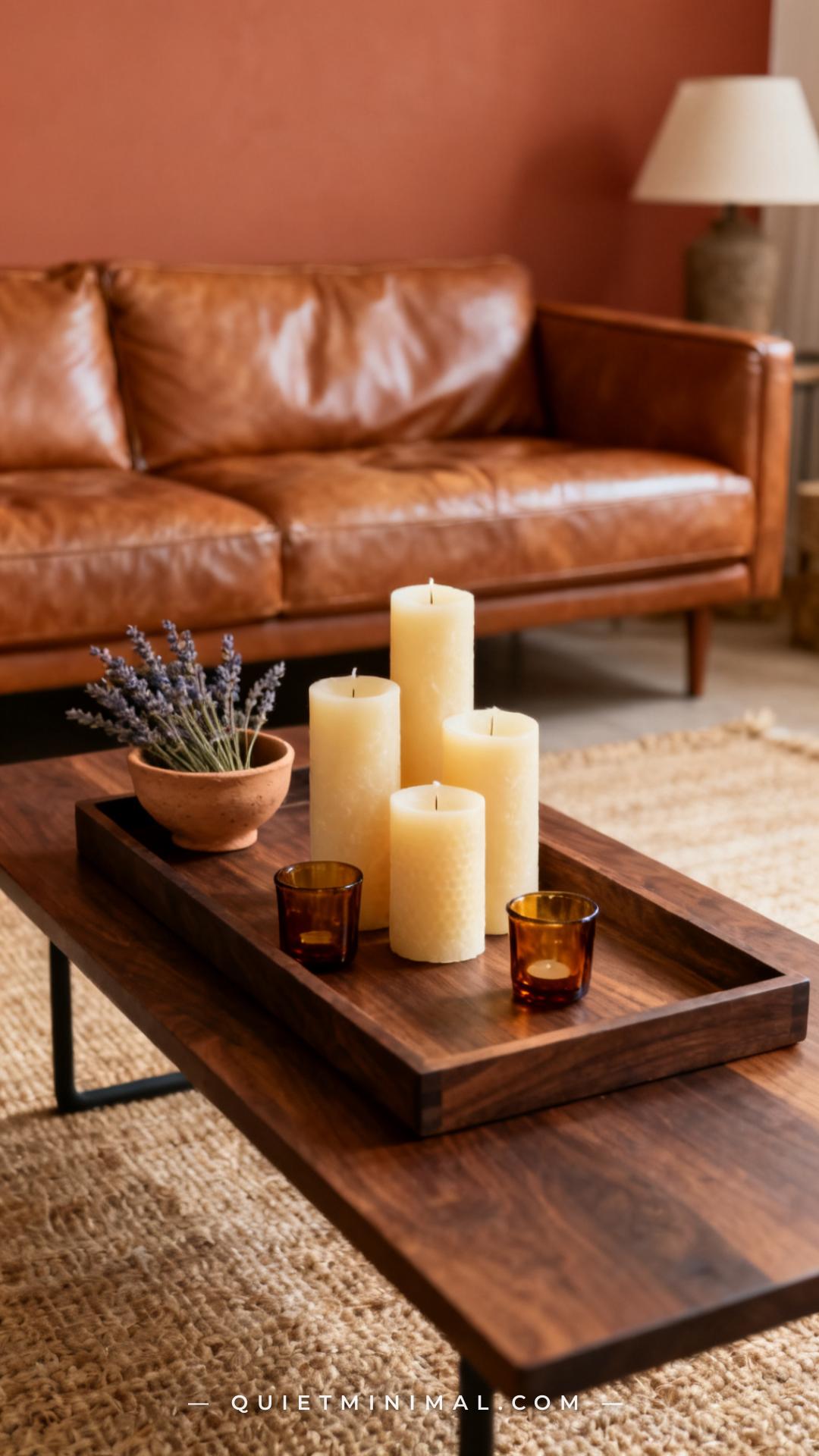 A wide vertical photograph establishes a full living room coffee table scene with the cognac leather sofa visible in the