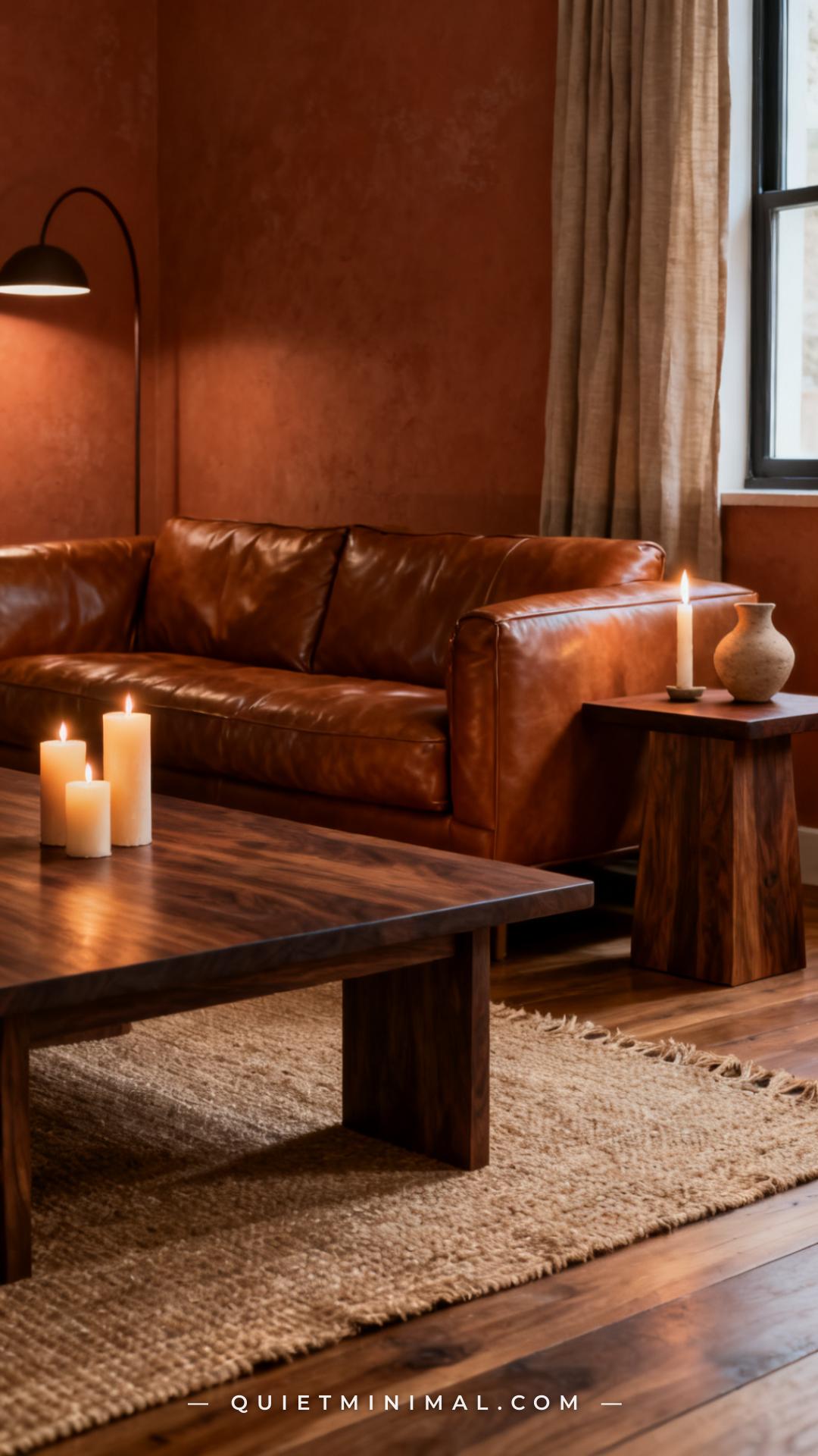 A wide establishing shot of a moody living room shows a low dark walnut coffee table in the foreground