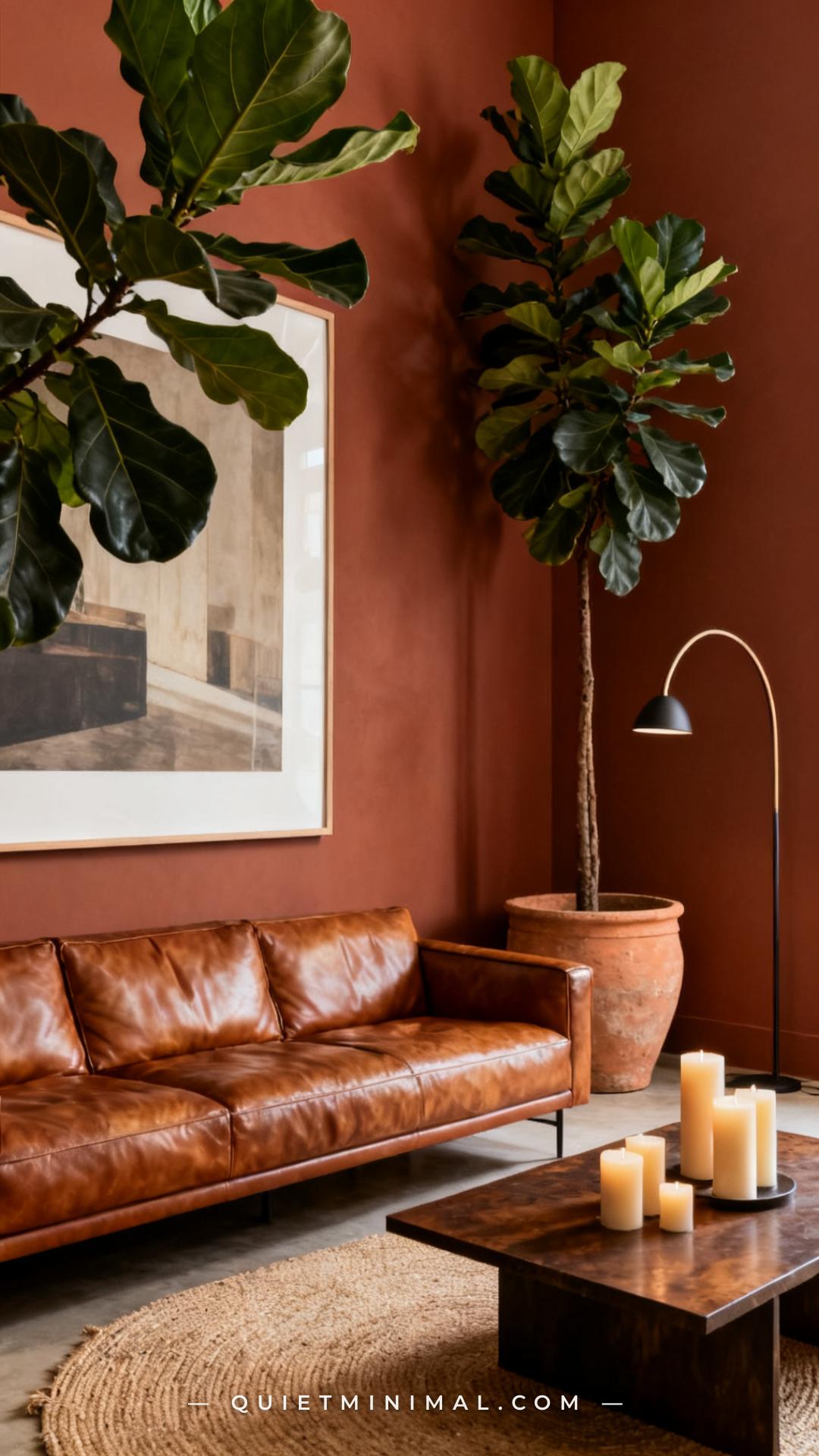 A wide vertical photograph captures a full living room corner showing a tall sculptural fiddle-leaf fig in a large raw t
