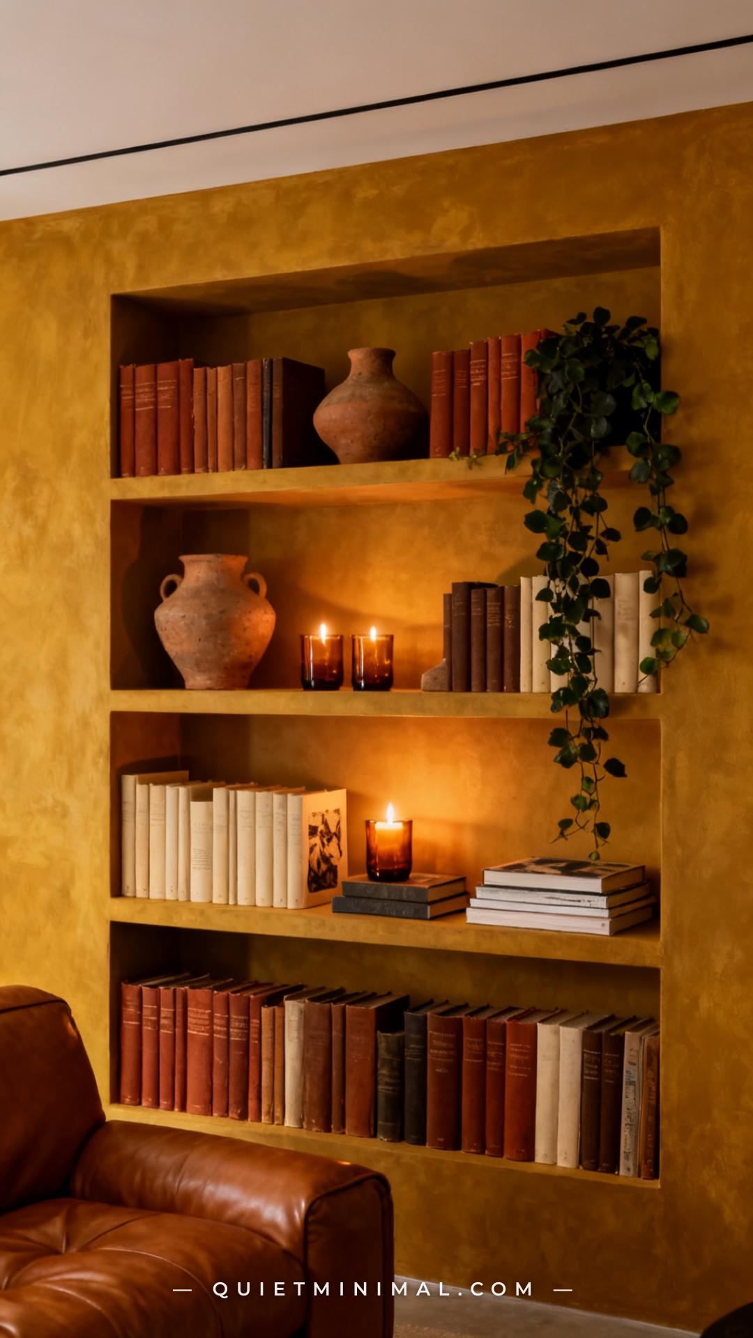 A wide vertical photograph establishes a full built-in bookshelf unit against a deep ochre-painted wall in a moody livin