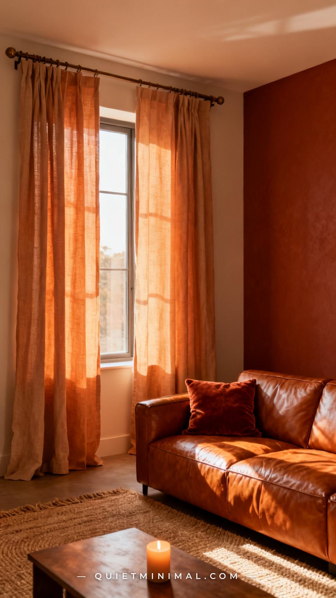 A wide establishing shot of a moody living room shows two floor-to-ceiling linen curtains in a warm oatmeal tone hanging