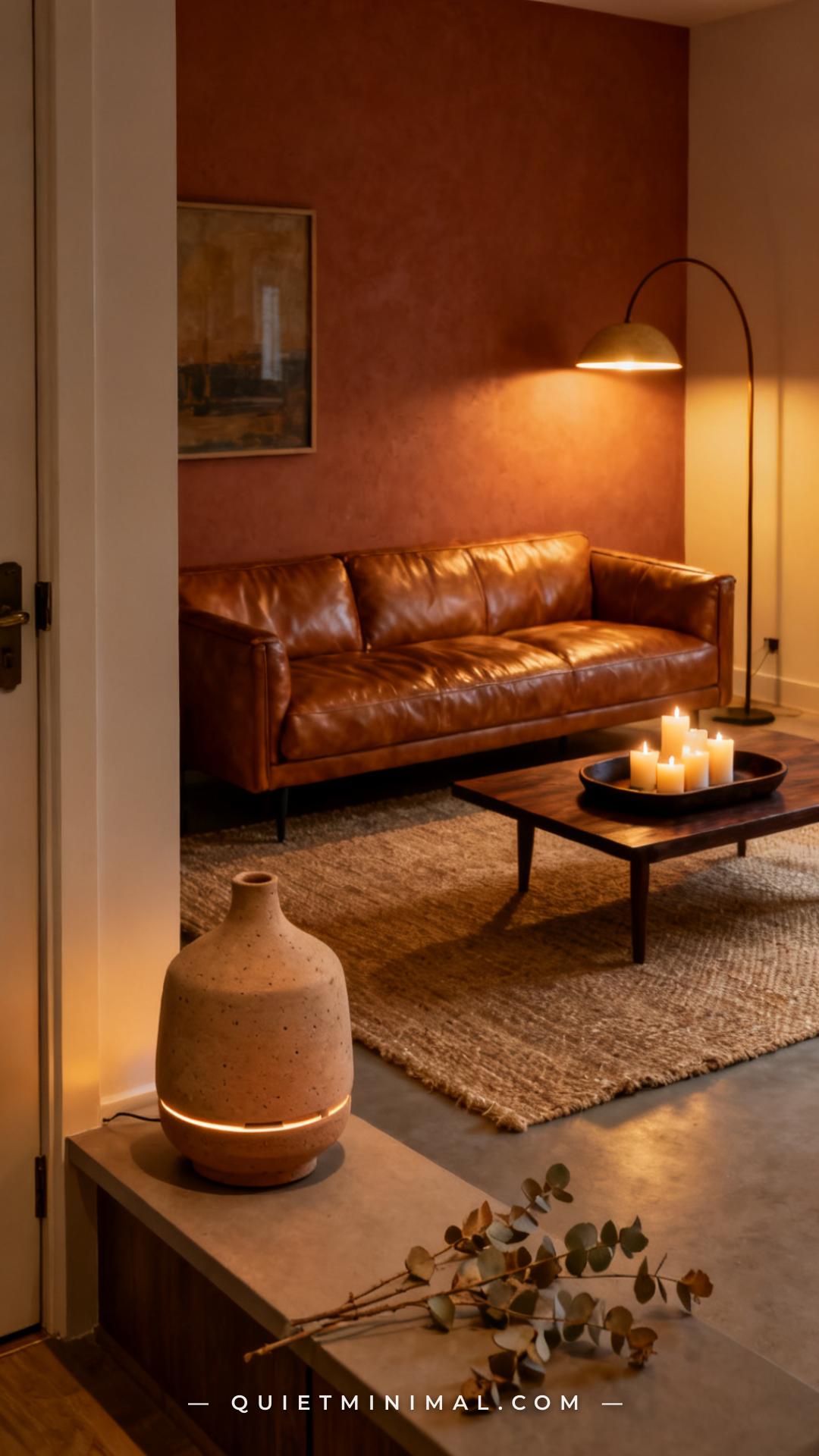 A wide vertical photograph captures a full moody living room from a slightly elevated angle