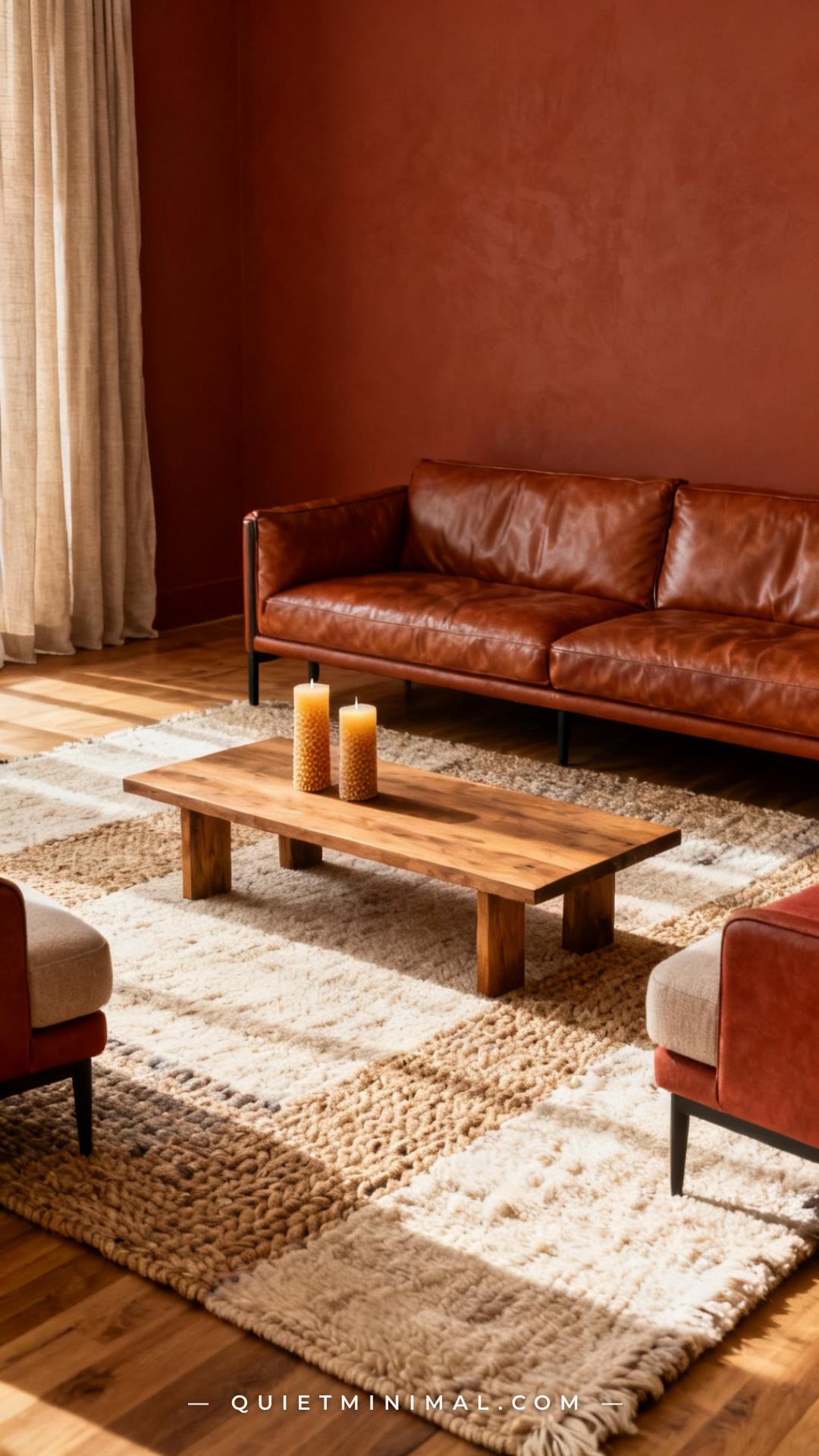 A wide vertical photograph shows a full living room seating area from a slightly elevated angle
