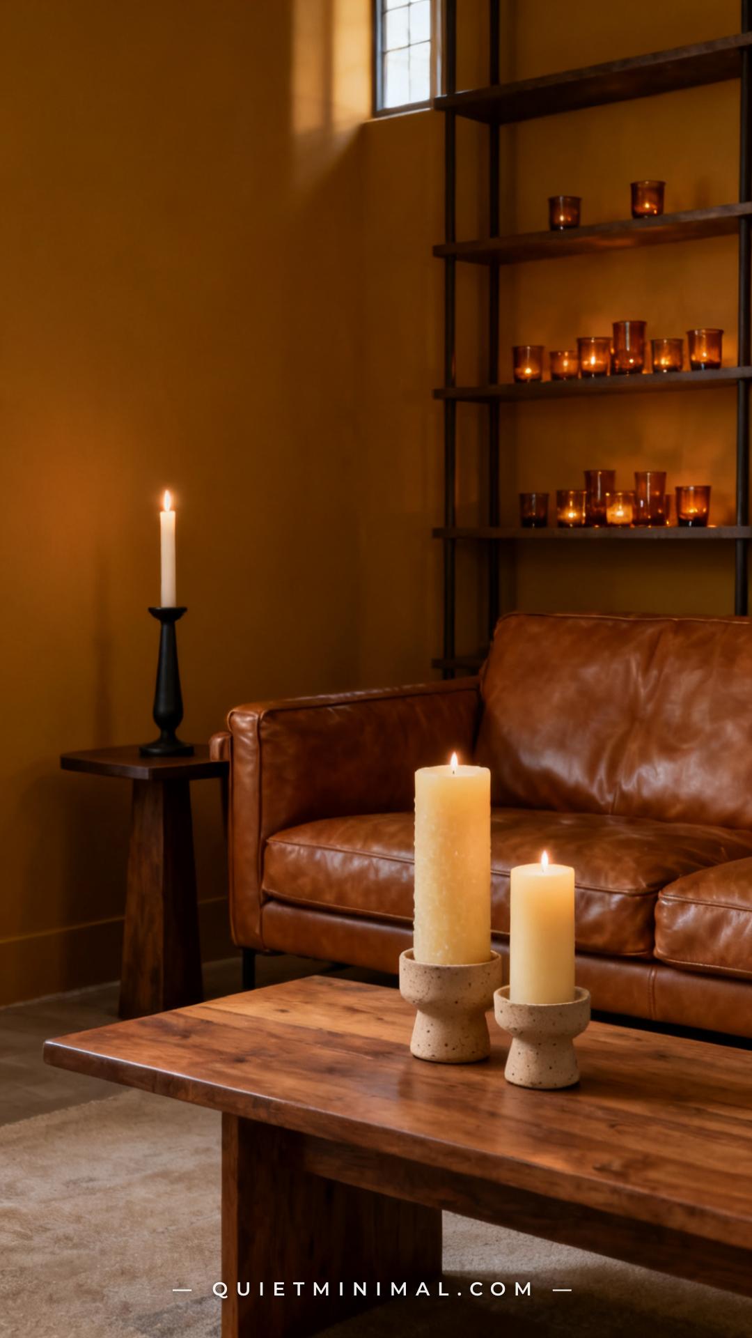 A medium-wide vertical photograph establishes a full living room corner showing a low wooden coffee table