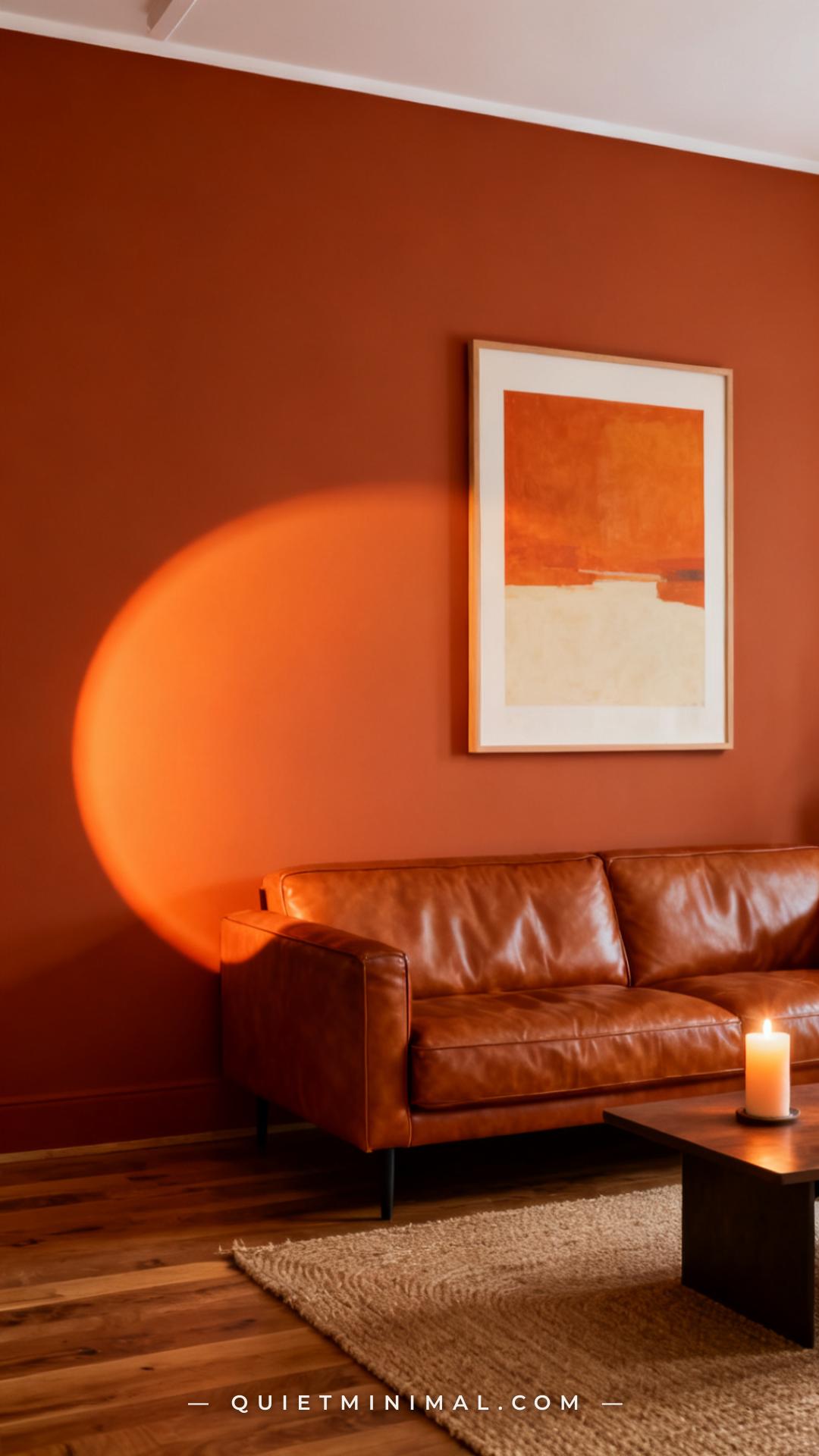 A wide establishing shot of a living room featuring a deeply pigmented warm terracotta wall as the primary background