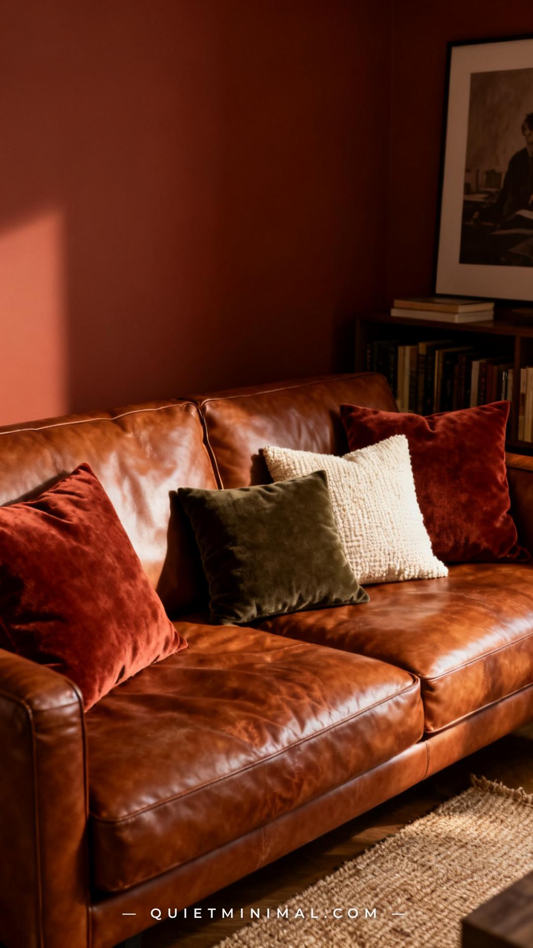 A wide vertical photograph captures a full cognac leather sofa in a moody living room