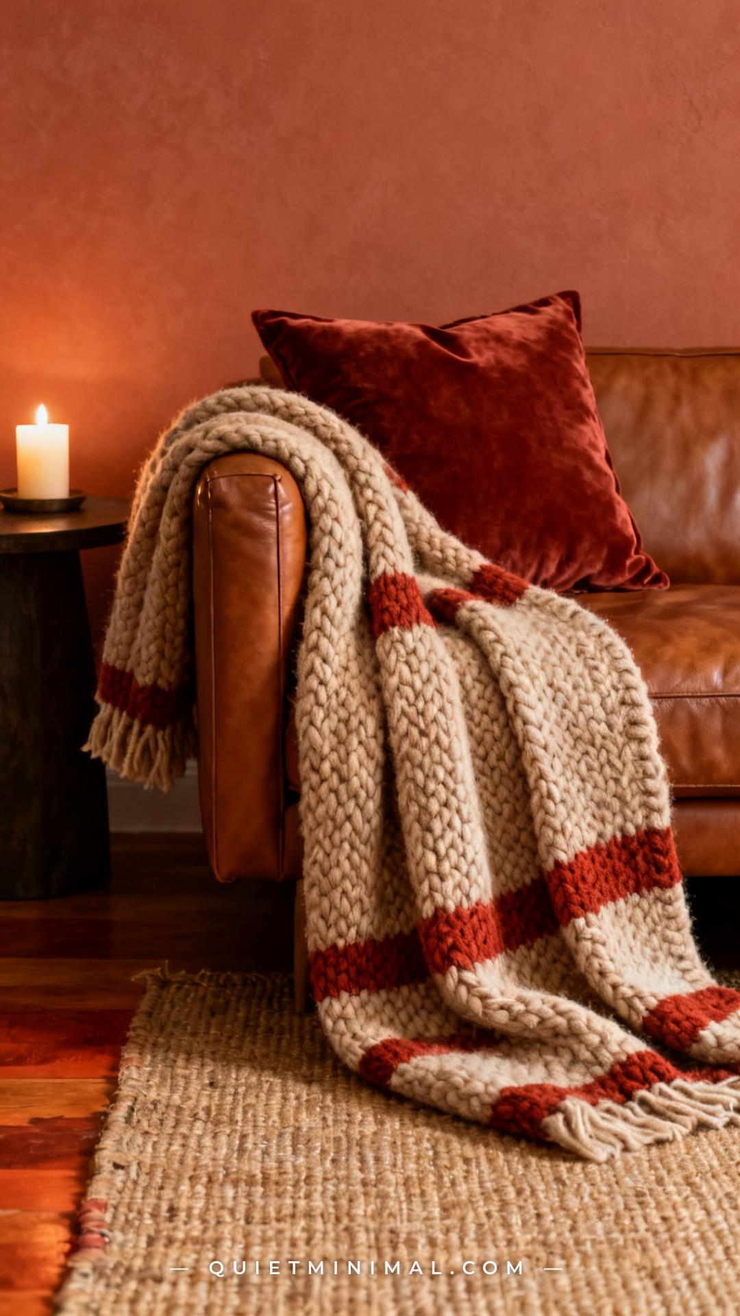 A medium-wide vertical photograph shows a cognac leather sofa corner with a thick