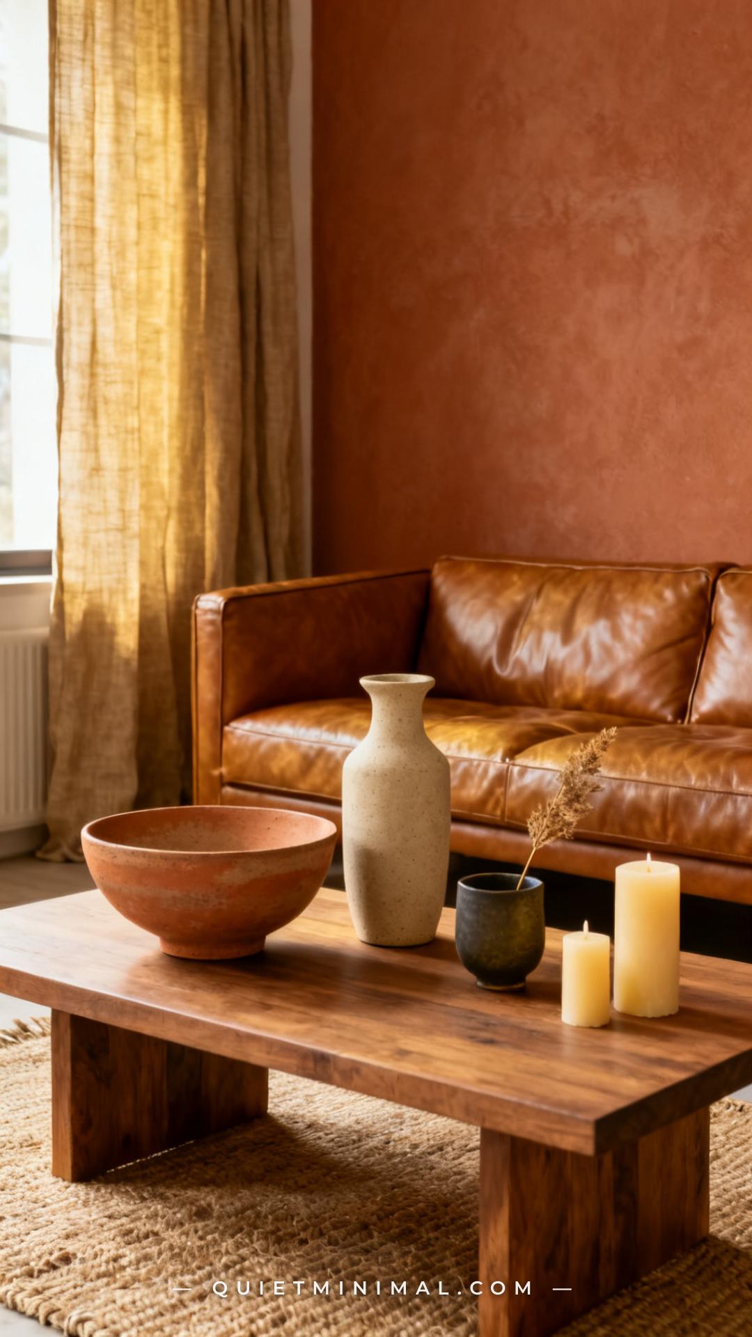 A wide vertical photograph establishes a full living room coffee table vignette with the cognac leather sofa clearly vis