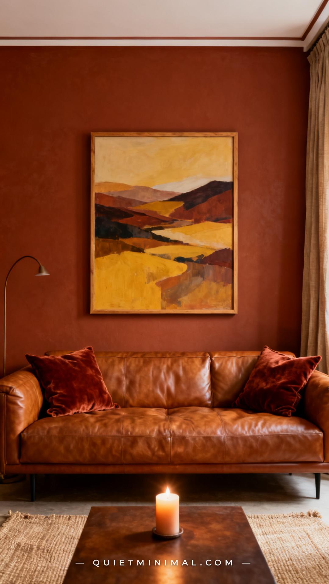 A wide establishing shot of a living room wall shows a large framed art print hanging centered above a cognac leather so