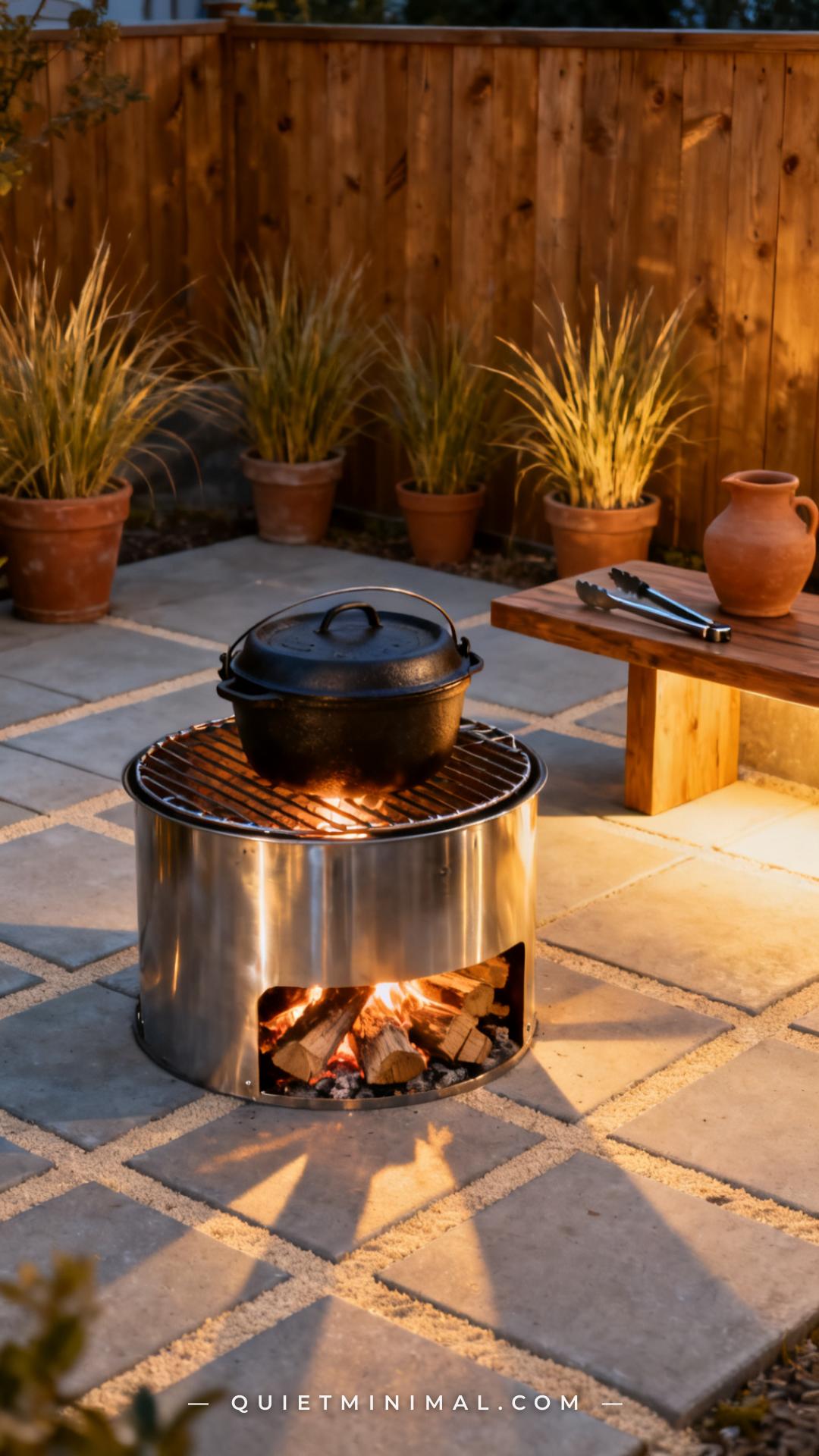 A wide-angle vertical photograph shows a modern backyard patio with a heavy-gauge stainless steel fire pit as the center