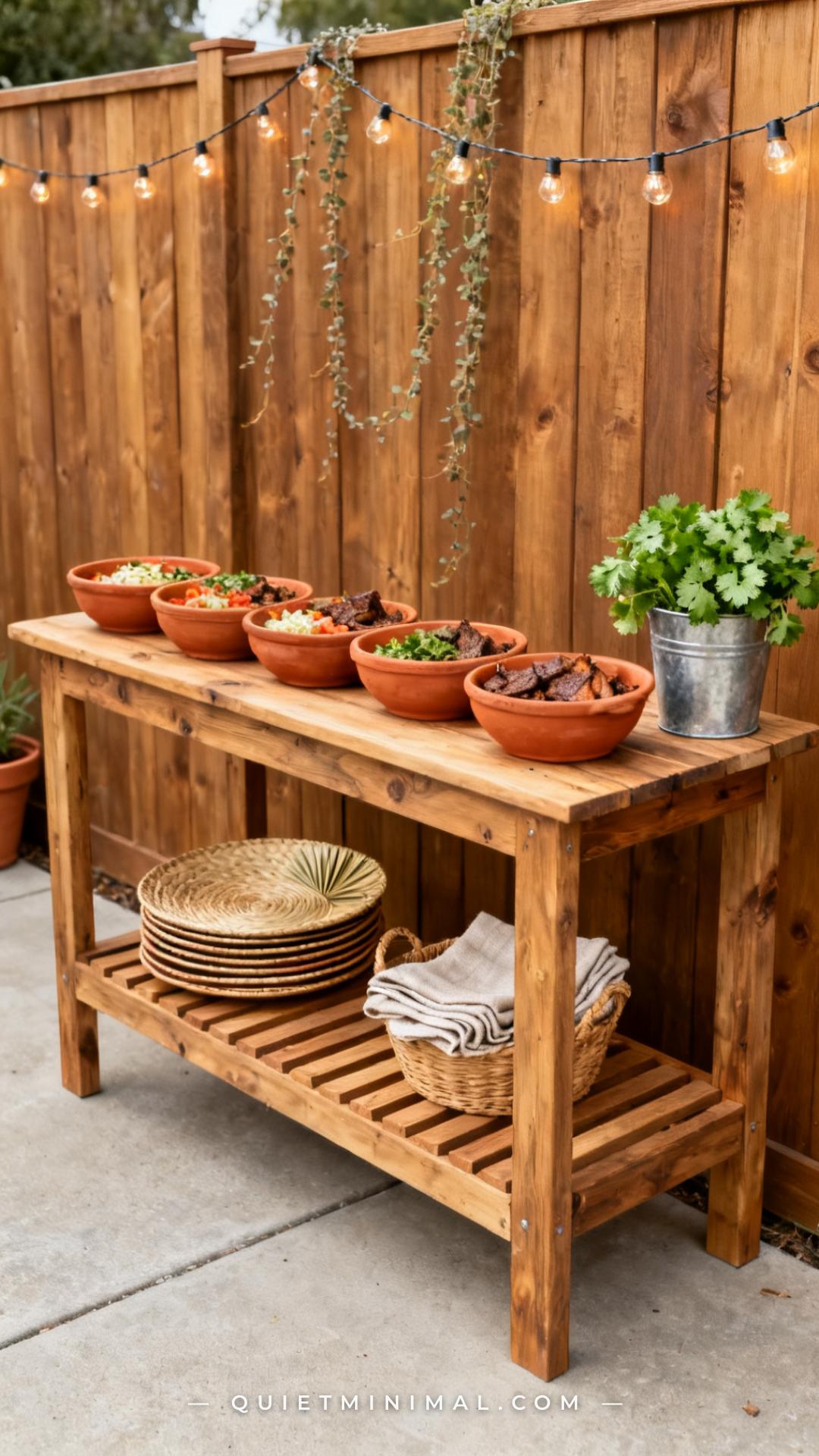 A vertical establishing shot captures the full width of a styled outdoor serving station built from a repurposed natural